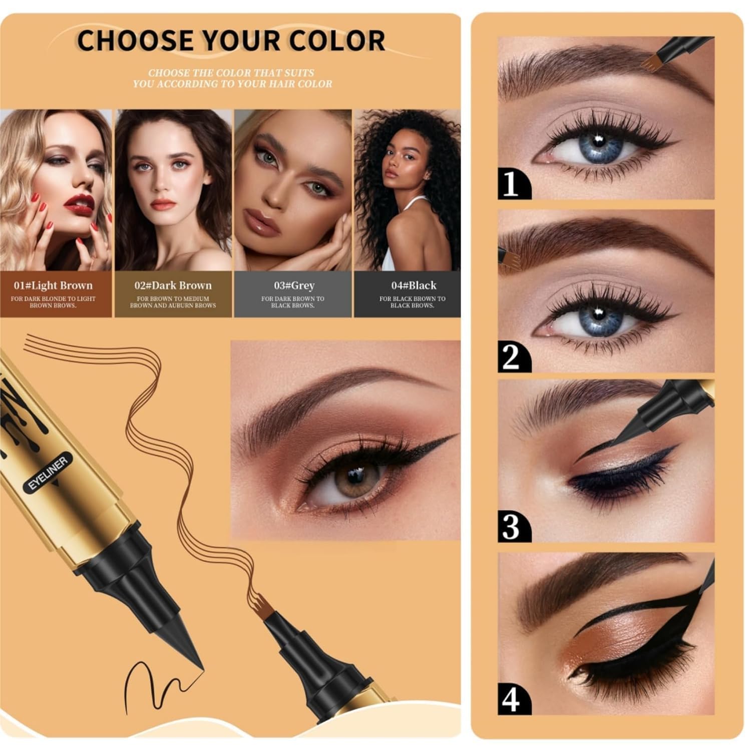 2 in 1 Magischer Augenbrauenstift, 2024 Upgrade Multifunktions-3D-Microblading-Augenbrauen-Tätowierungsstift 4-Gabelspitze mit Eyeliner, Doppelkopf-Augenbrauenstift Wasserdichte (4 Farben)