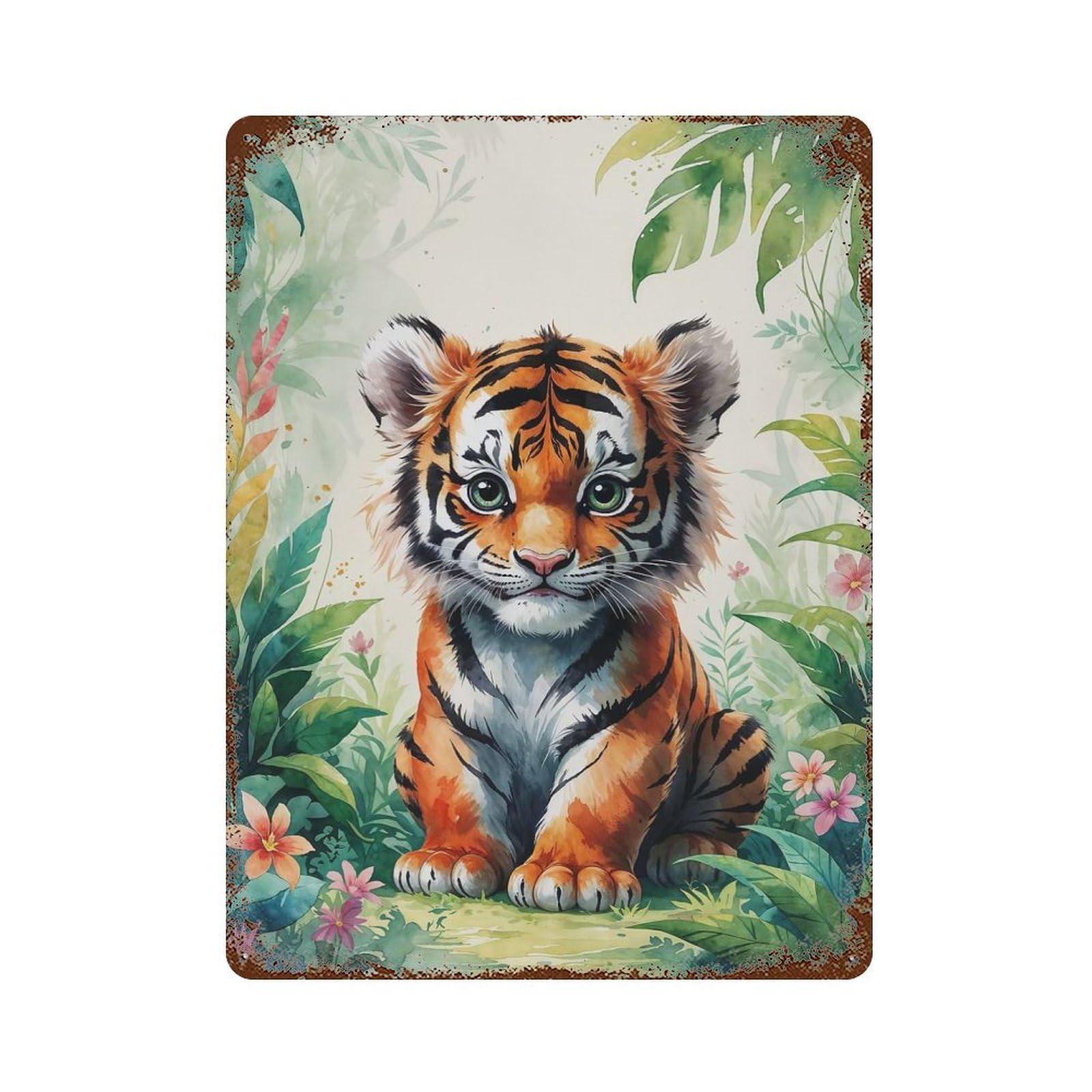 Cute Tiger Cub Watercolor Rustic Tin Plaque 15.7"x11.8", for Shed, Workshop And Garage Wall Decor, Rustic Home Decor
