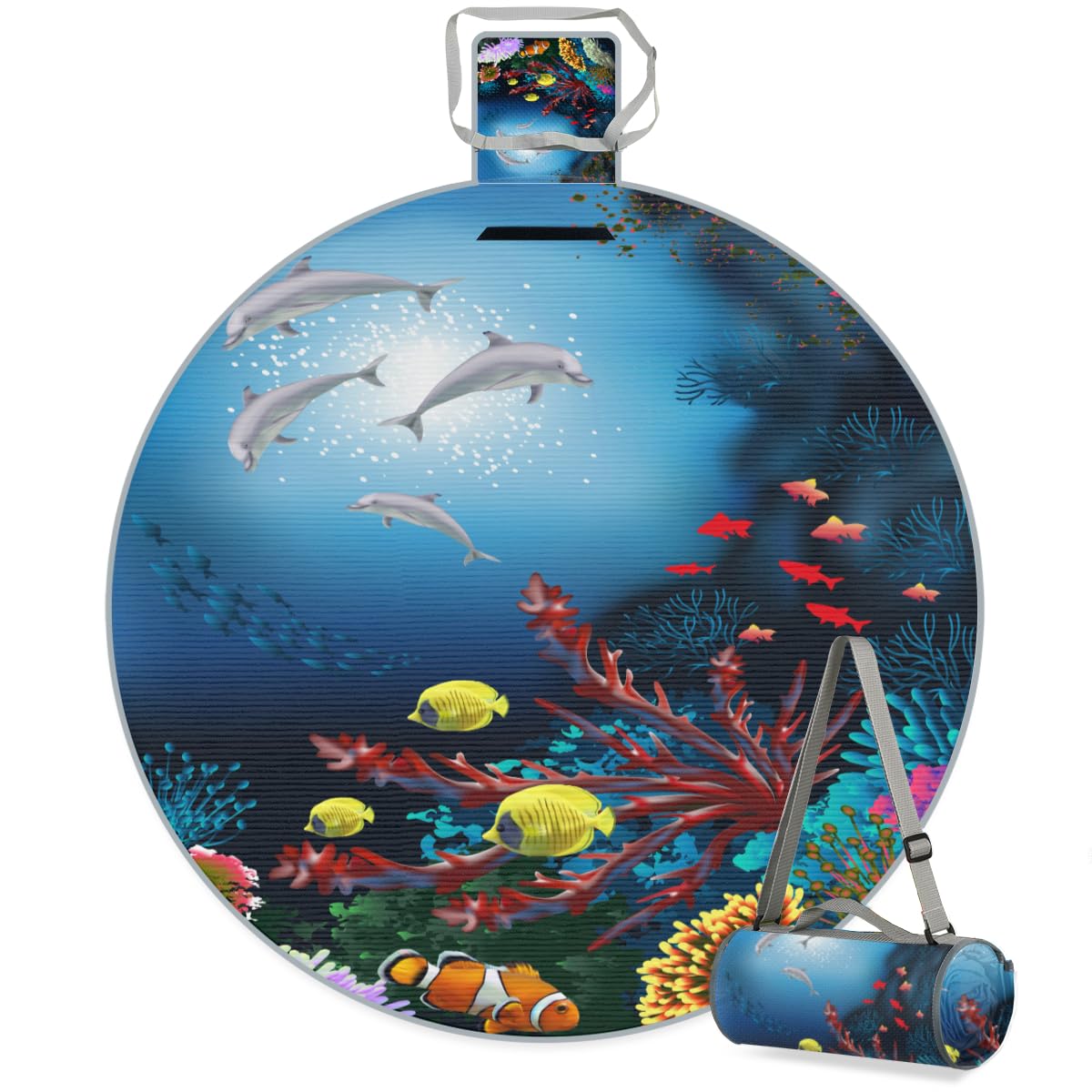 Shimoshe Underwater World Dolphin Picnic Outdoor Blanket Foldable Waterproof Sandproof Beach Blanket Portable Water-Resistant Round Picnic Mat for Travel Camping Park Lawn