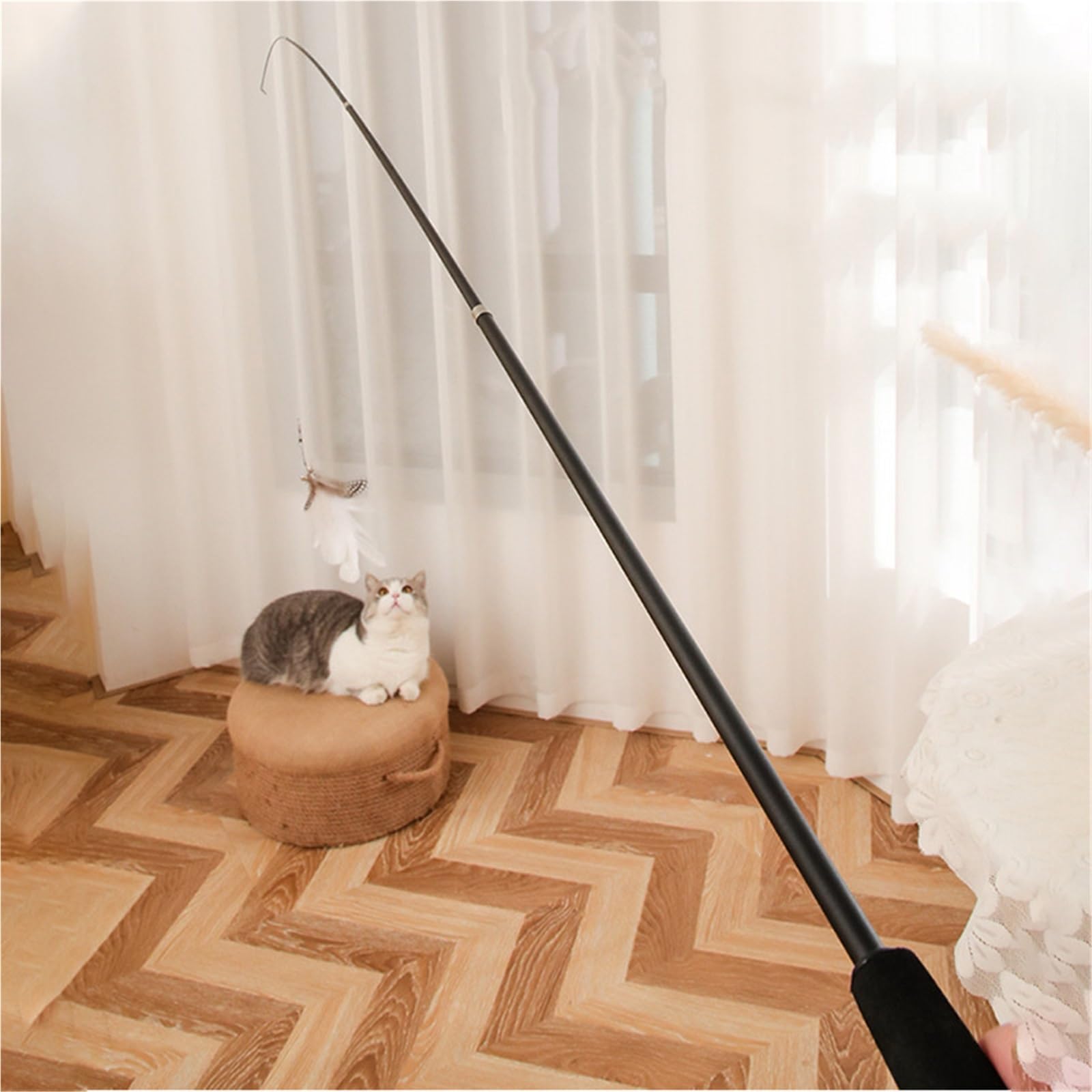 Canne a Peche Chat Tige Extra Longue résistante aux Rayures, Jouets for Chats en Plumes for soulager l'ennui pour l'Ennui(White)