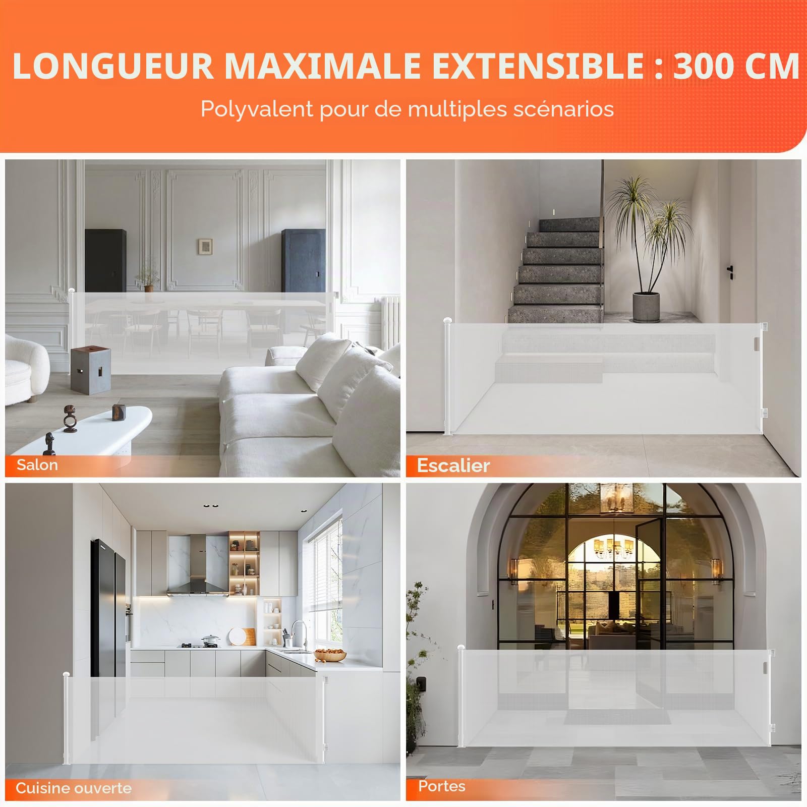 0-300cm Extra Large Barrière de Sécurité Rétractable Opération à Une Main | 87cm Haut Bébés Barriere de Securite Enfant Extensible pour Animaux, Barrière Chiens pour Escaliers, Portes, Couloirs, Blanc