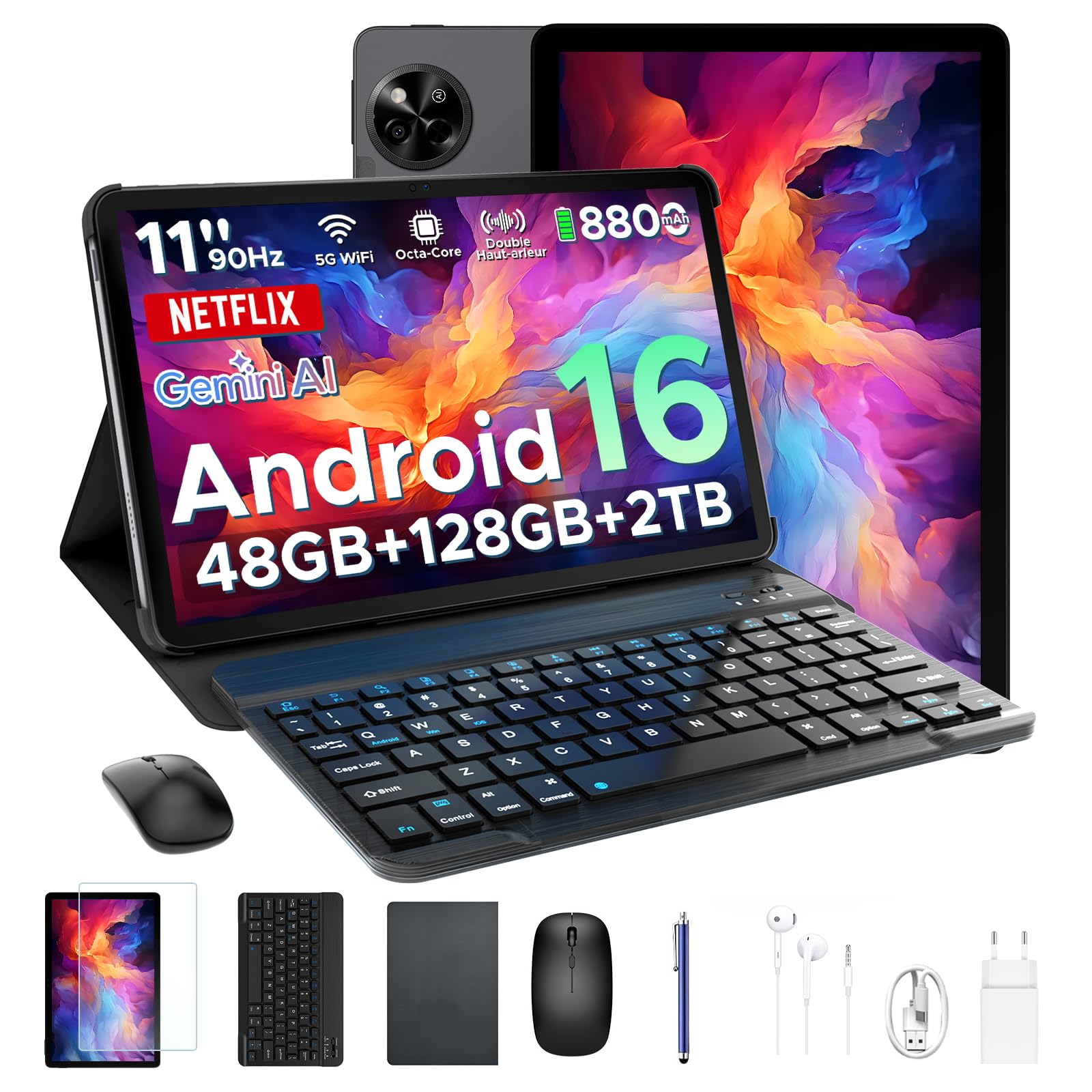 P11 Android 16 Tablet 11 Pulgadas, 48GB RAM + 128GB ROM/2TB TF, 120Hz, T7250 Octa-Core, 8800mAh, 13MP+5MP, Gemini AI, Widevine L1, Face ID, GPS, OTG, Doble Altavoz, Tablet con Teclado y Lápiz, Negro