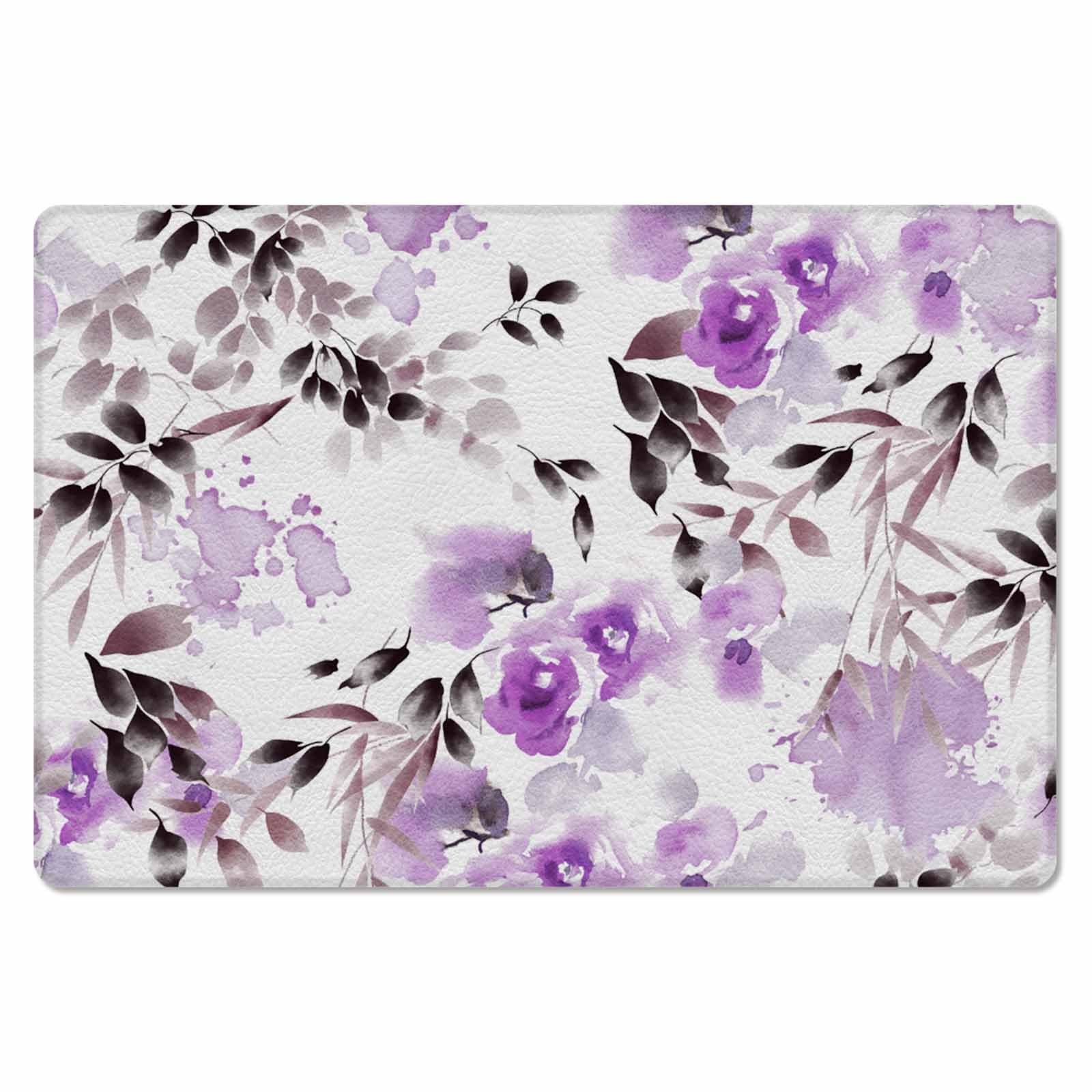 Floral Kitchen Bath Door Mat Cushioned Runner Rug,Washable Welcome Floor Sink Antifatigue Mat,Waterproof & Non-Slip Comfort Standing Doormat,Modern Purple Watercolor Plant Brown Leaves 18