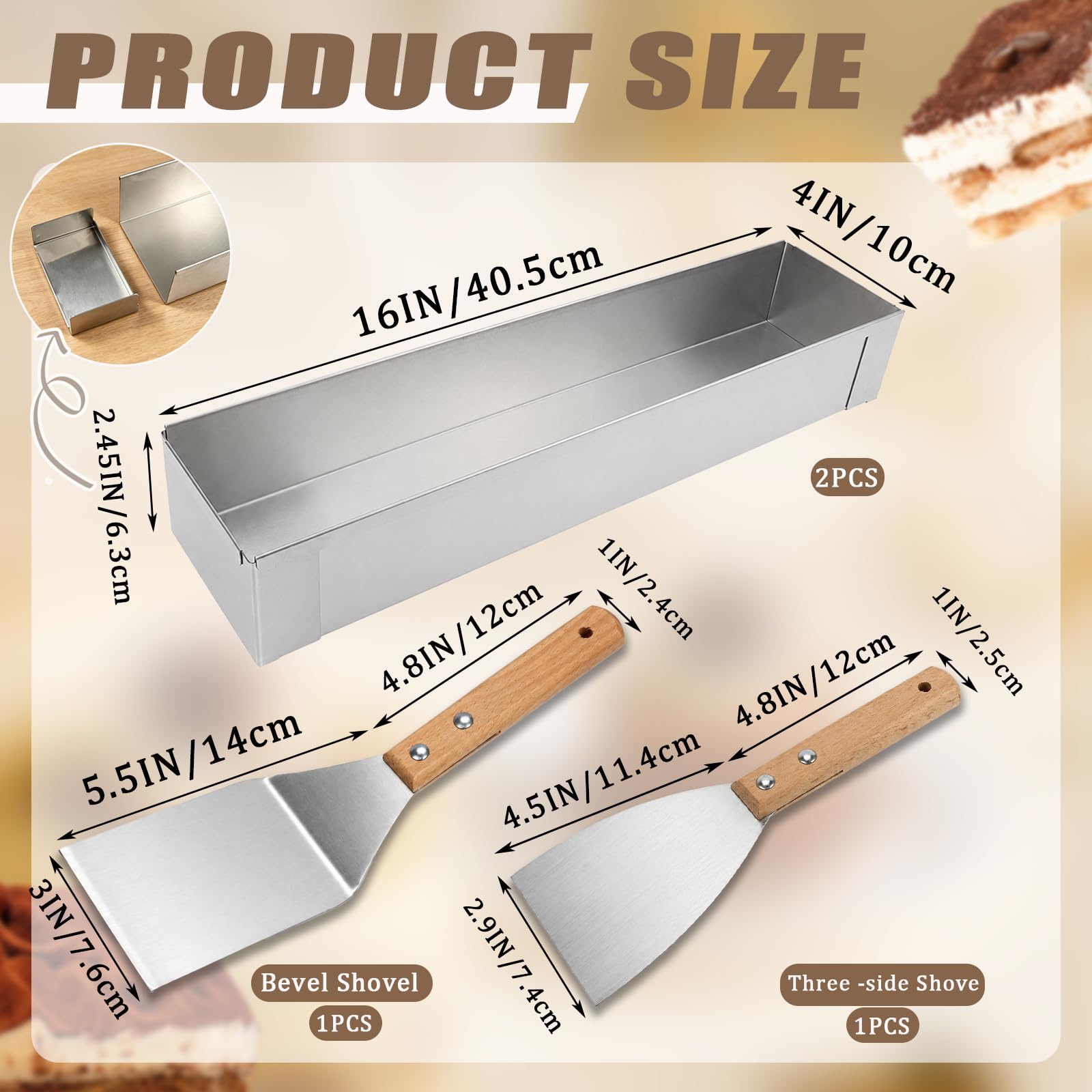 2er Set Tiramisu Backform mit Acryldeckel, 40cm Edelstahl Kuchenform Eckig mit Abnehmbaren Seitenteilen, 304 Mousse Ring Backrahmen inkl. 2 Servierspachtel für Schichtkuchen Desserts