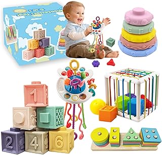 5 in 1 Baby Toys 6 to12-18 Months,Montessori Toys for Babies Toddlers,Pull String Baby Teething Toys,Baby Blocks Toys for 1-3 Year Old,Colour Cube Bin Sensory Toys Boy and Girl Gift,Learning Toys