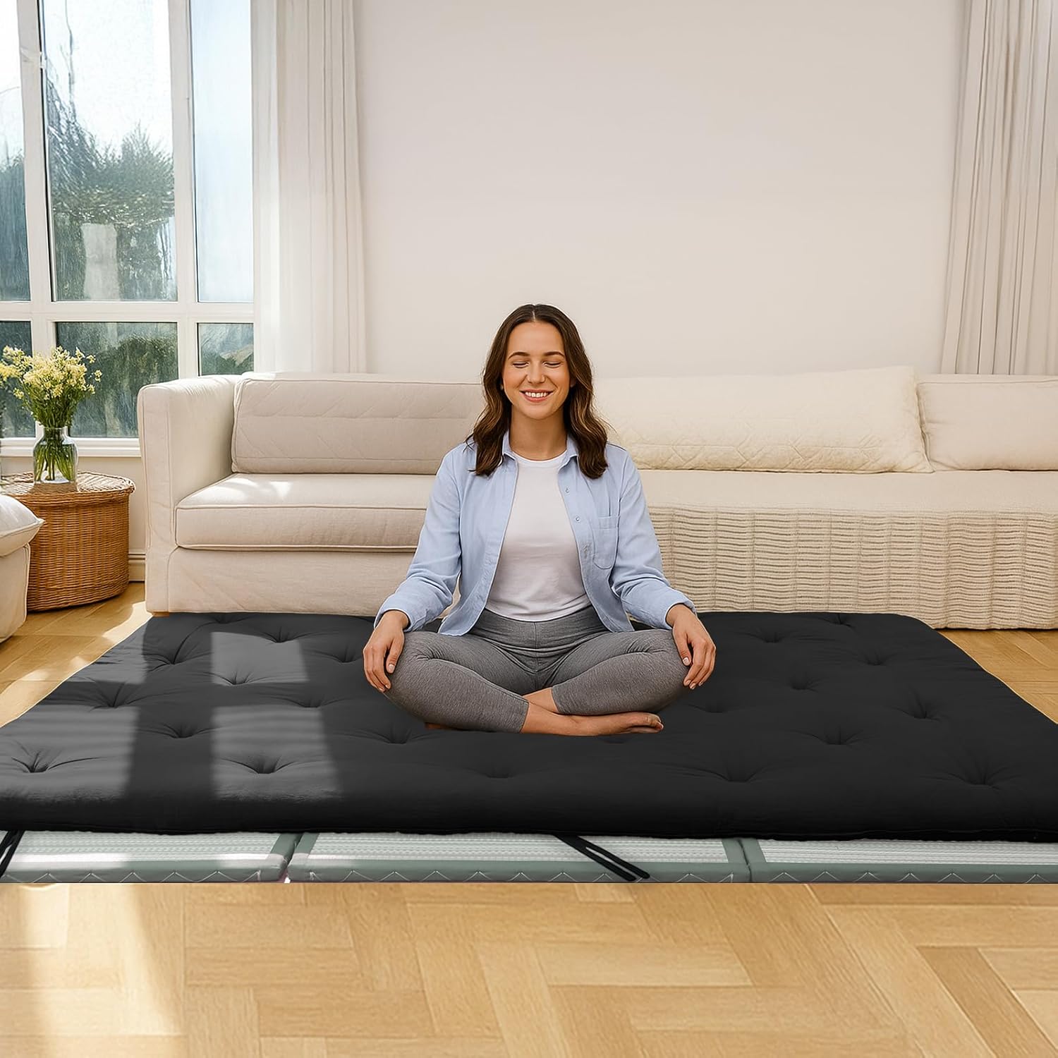 Syrinx Japanese Tatami Futon Mattress - Foldable Floor Sleeping Pad, Folding Design for Easy Portability & Storage, Moisture-Resistant Mat for Full Size Bed or Rug