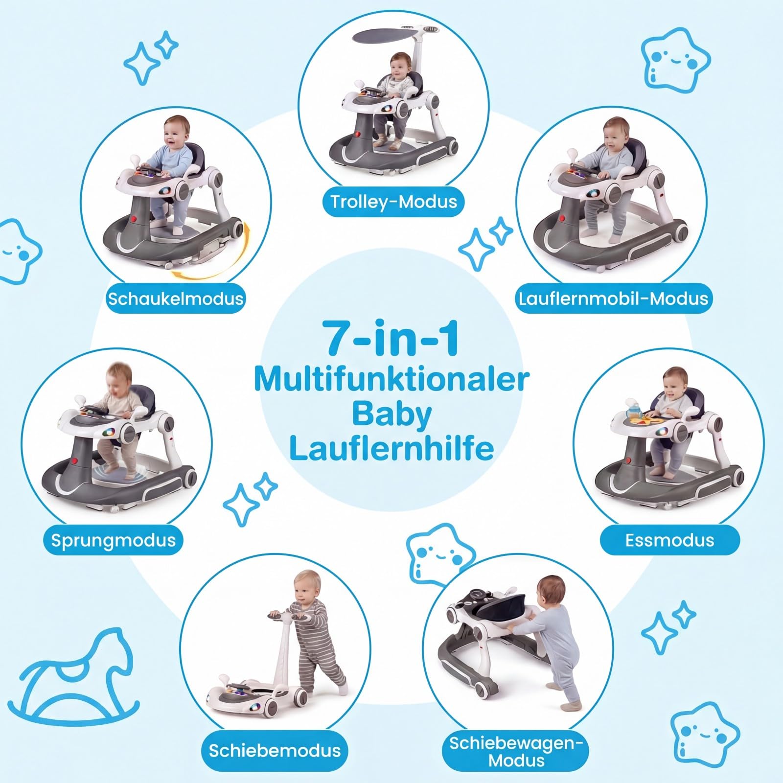 COSTWAY 7 in 1 Lauflernhilfe mit Verdeck, Lauflerwagen mit einstellbarer Höhe & Geschwindigkeit, Baby Walker klappbar mit Spielboard, Musik, Licht & Rädern, Gehfrei Baby ab 6 Monaten (Grau) - 3