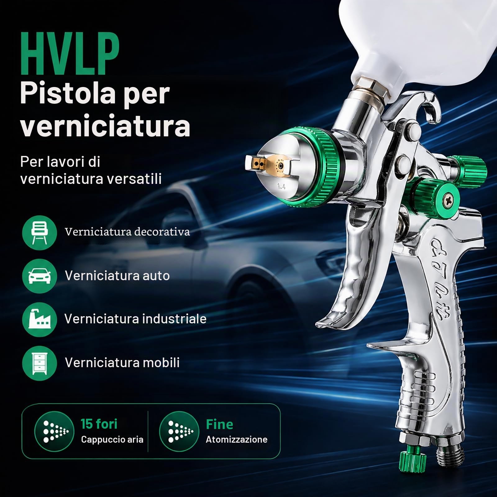 Pistola per Verniciare HVLP Potufa con 4 Ugelli (1,4/1,7/2,0/2,5 mm), Serbatoio 600 ml, Spruzzatore a Gravità per Auto, Mobili e Pareti