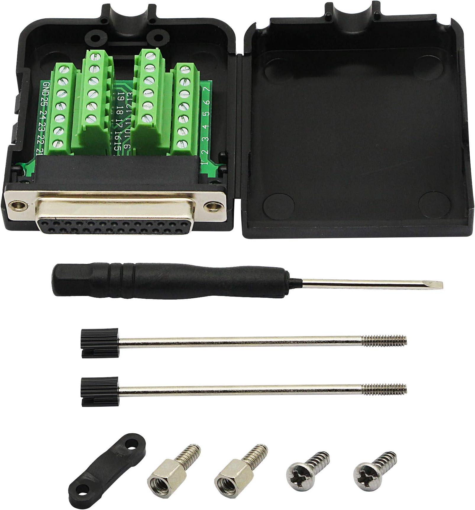 CERRXIAN DB25 Breakout Board, DB25 Female D-SUB Connector to DB25 Screw Wiring Solderless Terminal Module Breakout PCB Board Kits with Plastic Case (F Black)