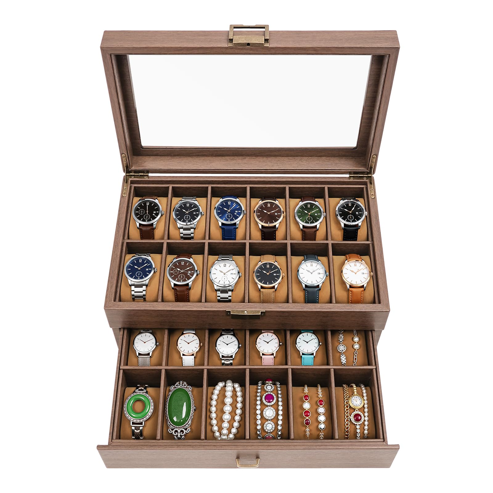 Scatola per orologi con 24 scomparti | 2 livelli di venatura del legno | per orologi e gioielli a casa | per uomini e donne amanti degli orologi