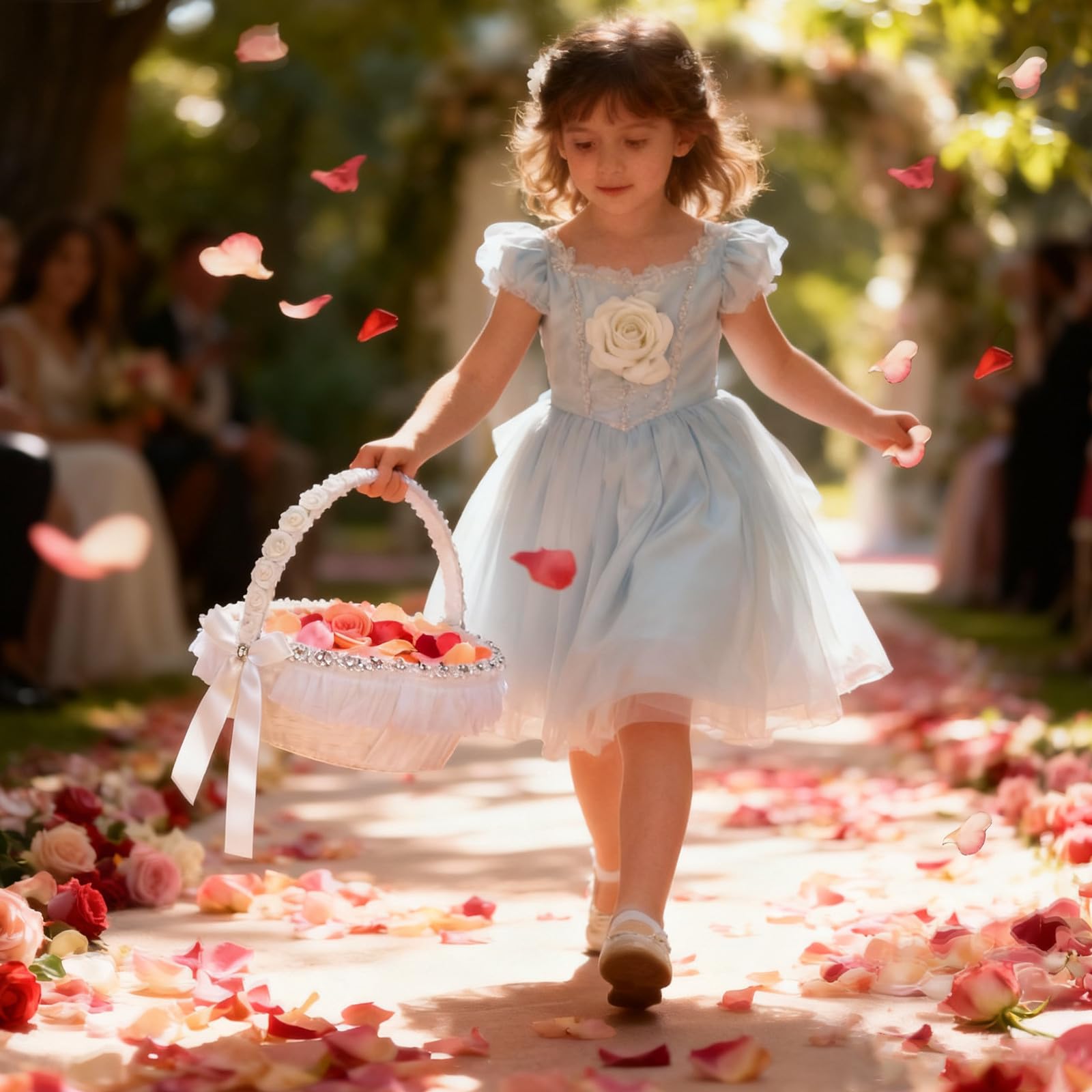 Hochzeitsblumenkorb aus Spitze mit Strass und Polyester, 1 Stück | Weiß, für Party und Hochzeit, Leicht und Wiederverwendbar, Handlich für Kinder