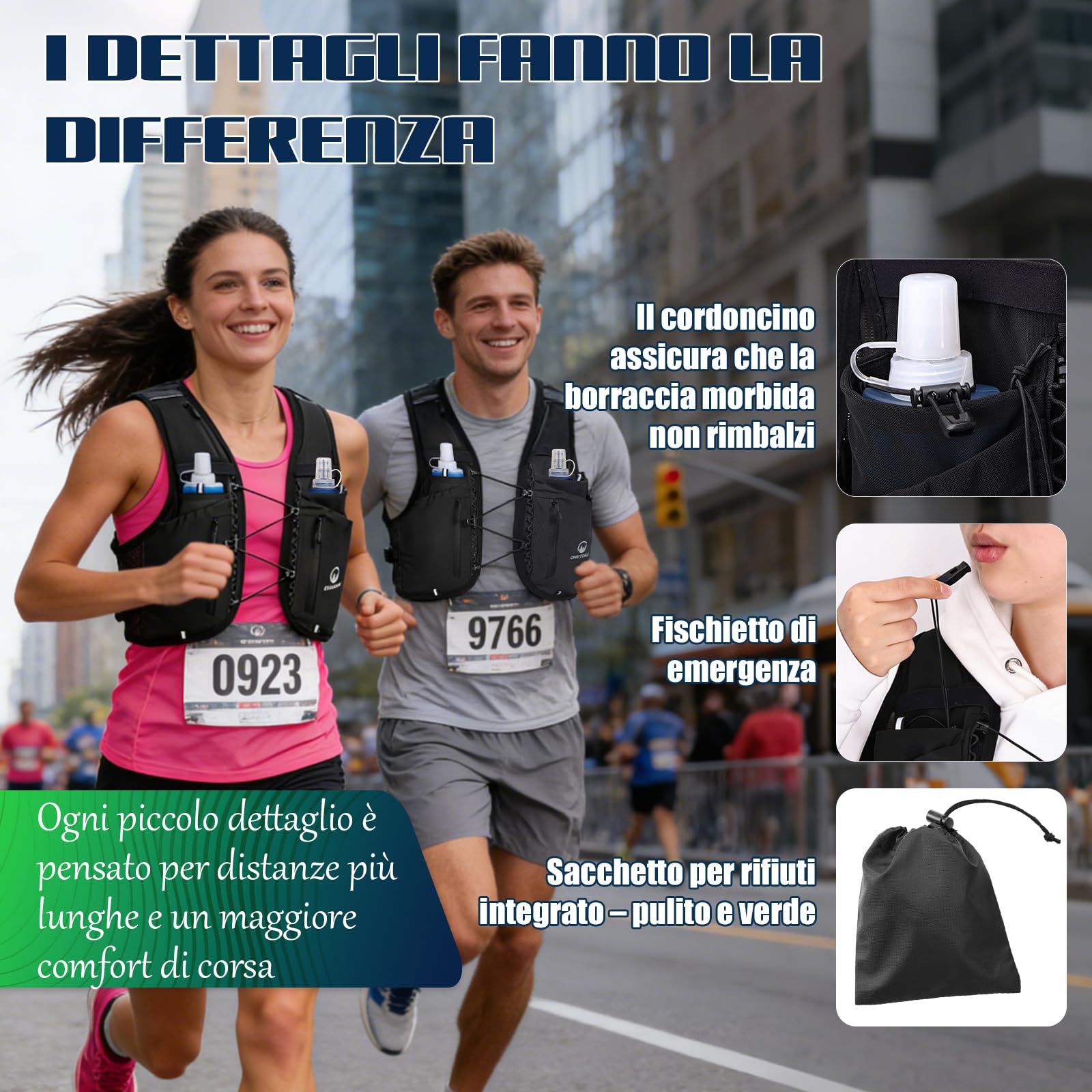 Gilet Running Uomo Donna, Zaino Trail Running, Running Vest con 2 Borraccia Morbida 500ml y Luce LED Ricaricabile, Gilet Corsa per Marathon Trekking Ciclismo Sci, Ultraleggero e Traspirante