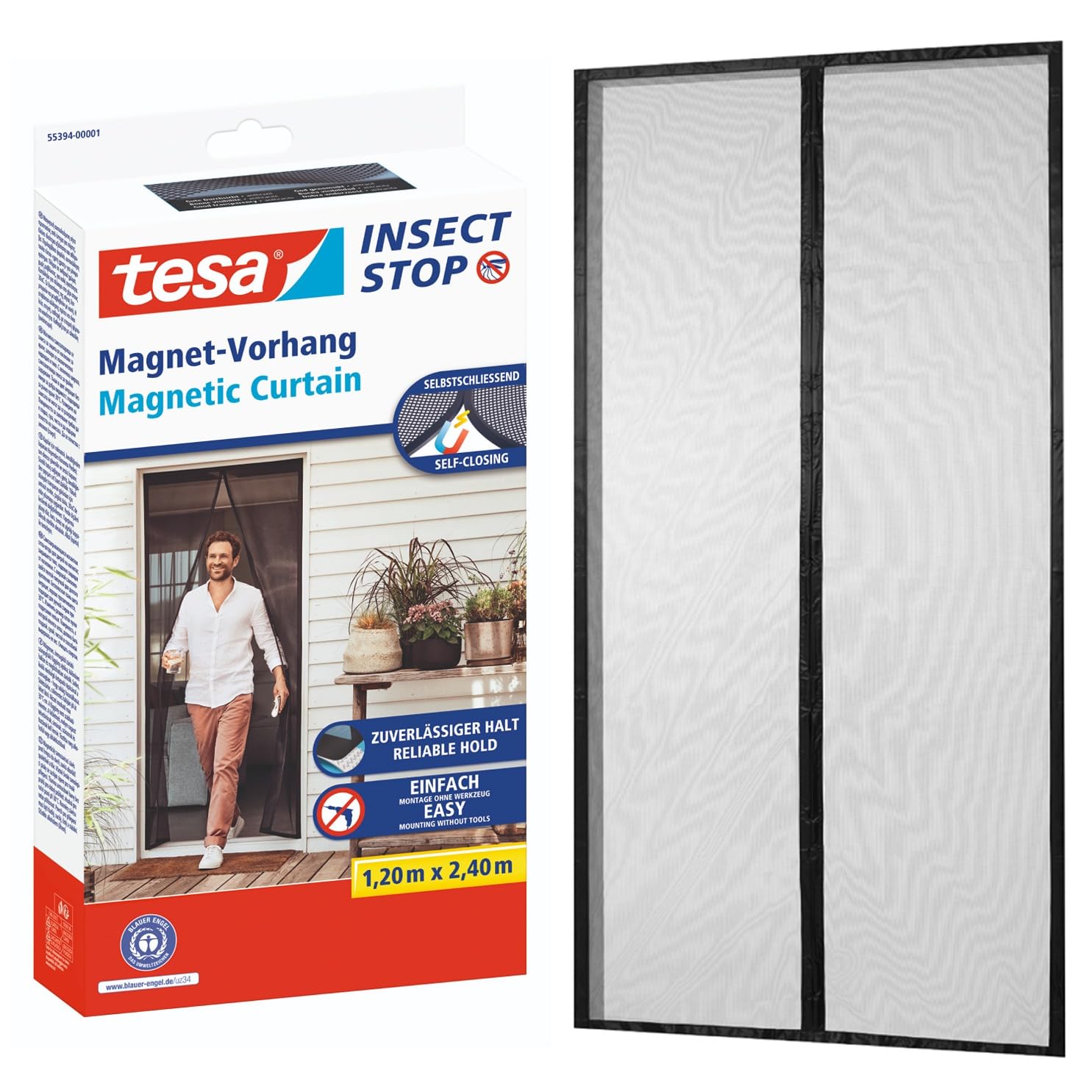 tesa Insect Stop - Self-Closing Magnetic Mosquito Net XL - Insect Protection Screen for Balcony and Patio Doors - Easy Installation Without Drilling - 2.4 m x 1.2 m