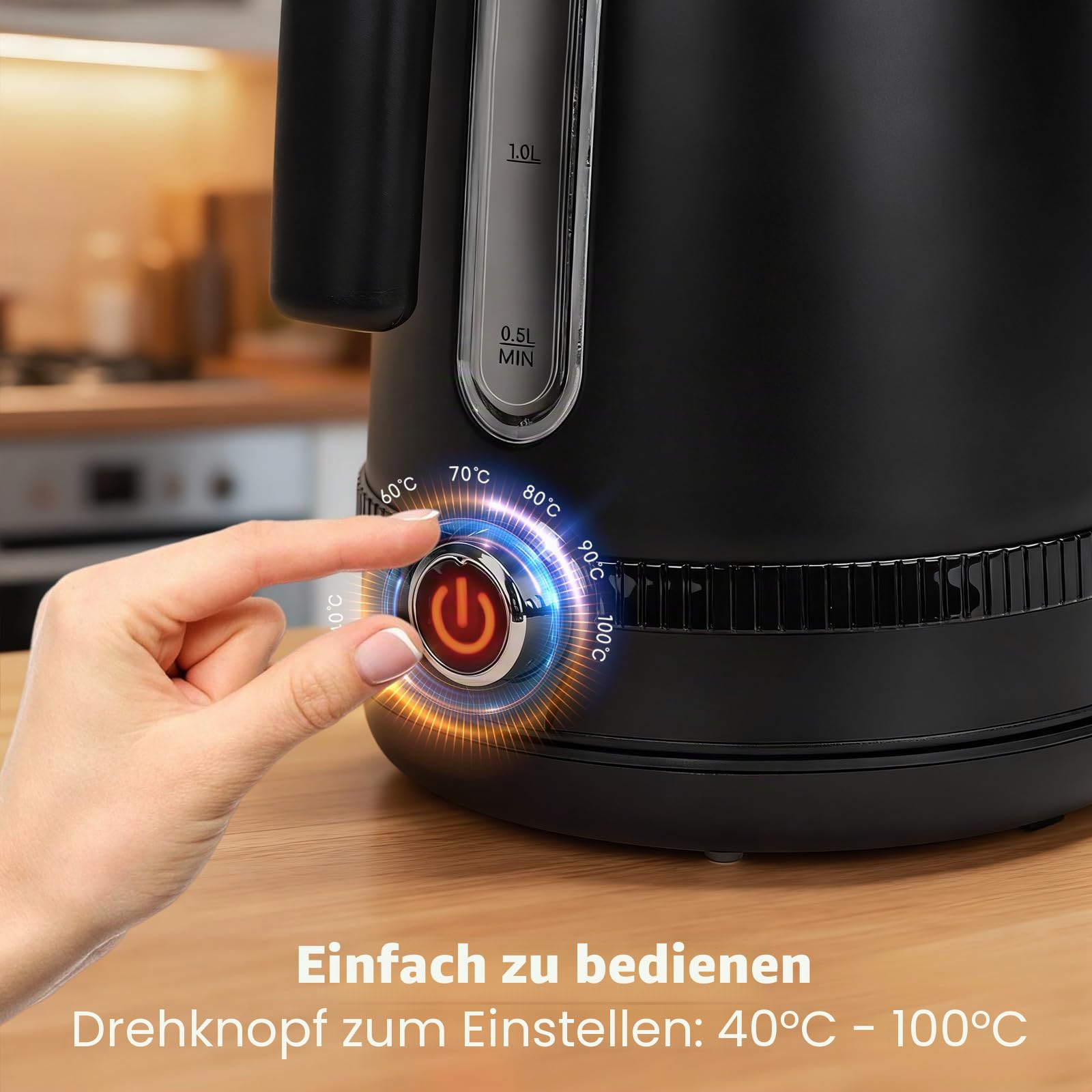Aigostar Edelstahl Wasserkocher mit Temperatureinstellung, Schwarz Matt