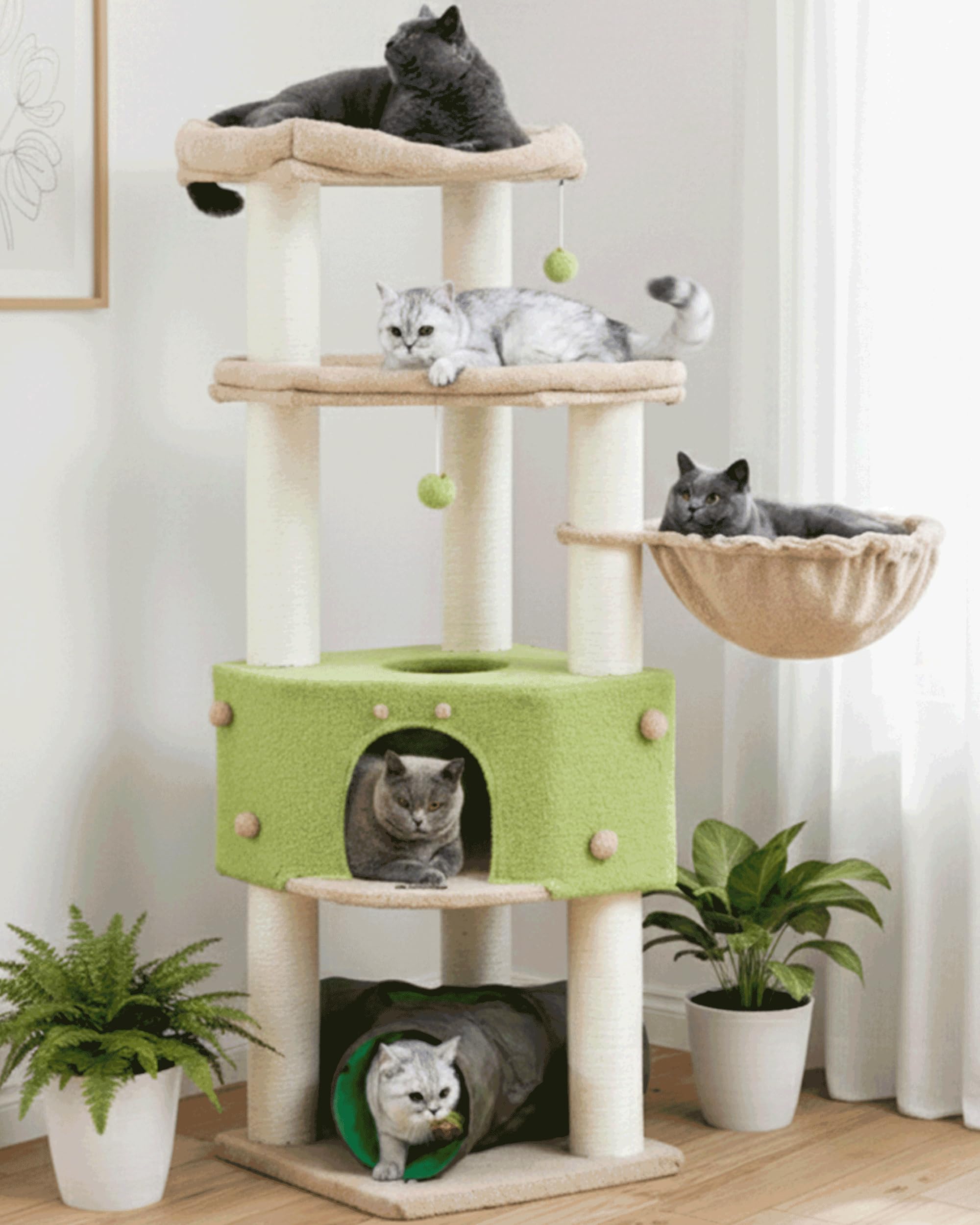 Heavy Duty Cat Tree for Large Cats Adult - 60 Inch XXL Sturdy Cat Tower Condo with Extra Wide Scratching Posts (&phi;4.4in) Big Cat House Hammock Perch - Indoor Wood Modern Multi Level Corner Cat Bed
