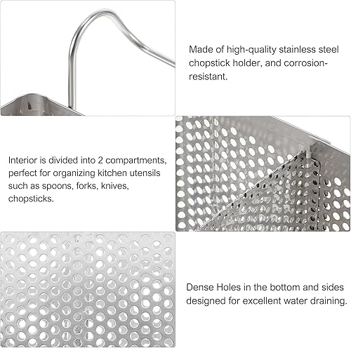 Miniatura 7 de DOITOOL Soporte para utensilios con 2 compartimentos divididos, cesta de acero inoxidable para lavavajillas de cocina con gancho, cesta escurridor