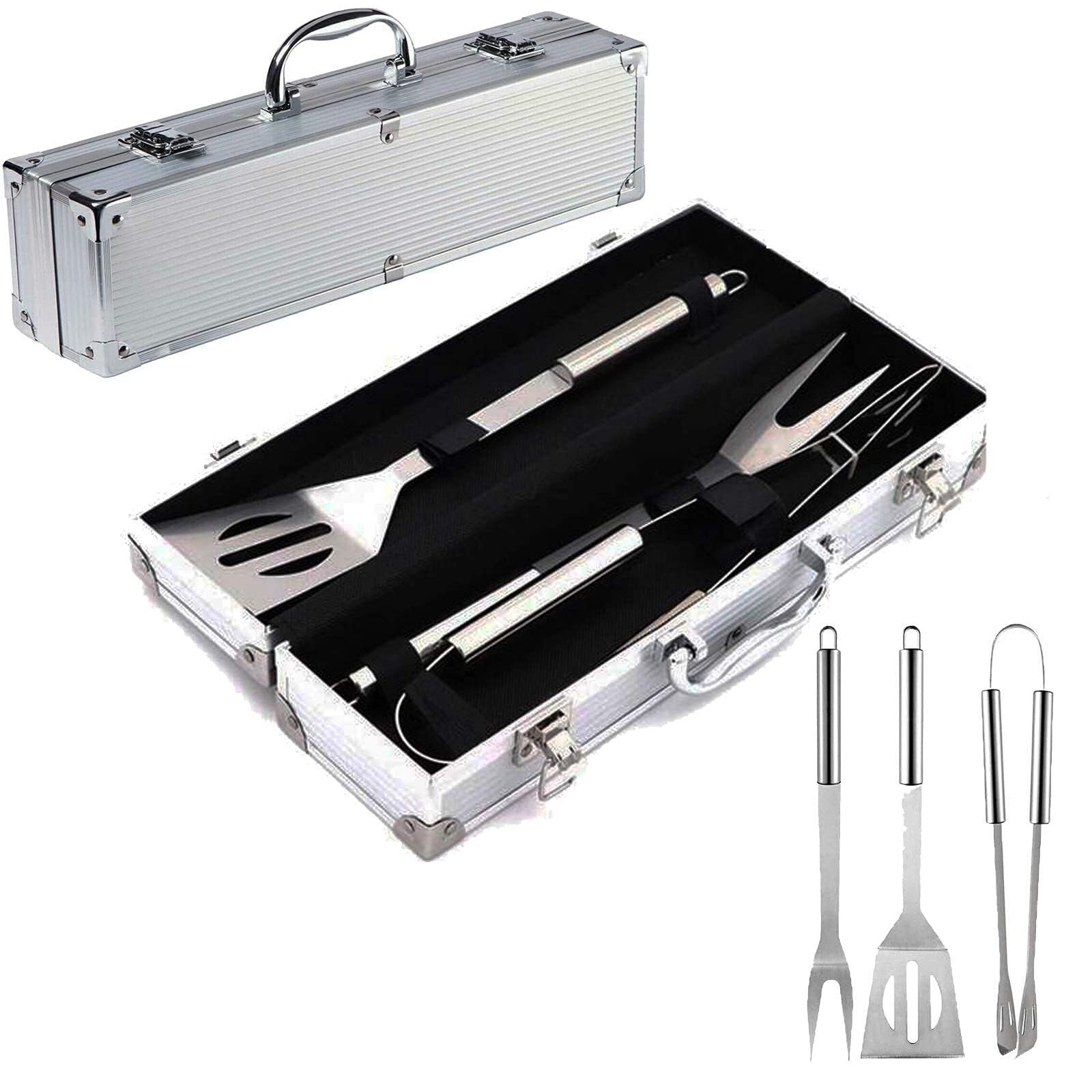 Juego de 3 Herramientas para Barbacoa: Pinzas, espátula y Tenedor de Acero Inoxidable con Estuche de Aluminio portátil para cocinar al Aire Libre, Hacer picnics