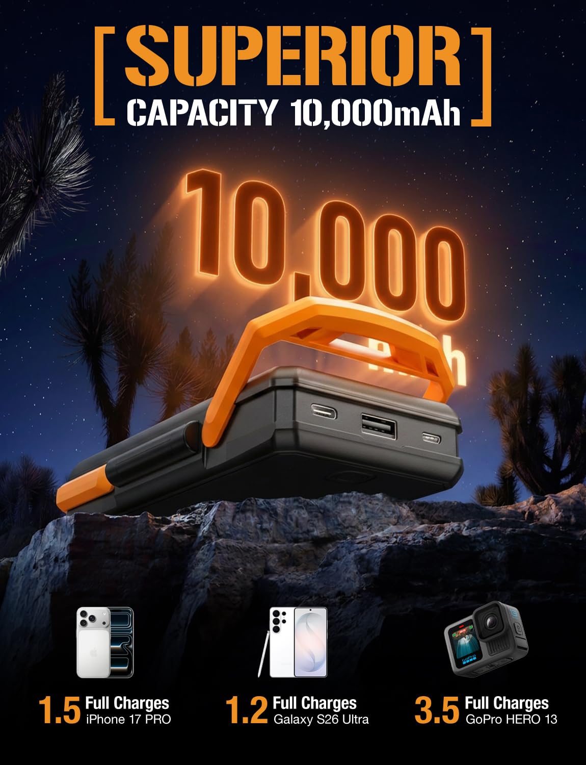 ToughTested Cargador portátil de energía solar dual de 10.000 mAh, batería externa IP65 impermeable y linterna LED de 18