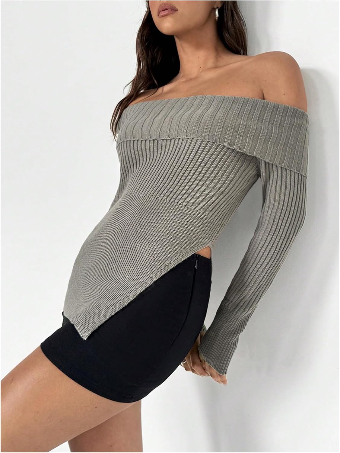 MakeMeChic Women's Off The Shoulder Long Sleeve Sweater Rib Knit Split Slim Fitted Y2K Pullovers - Image 3