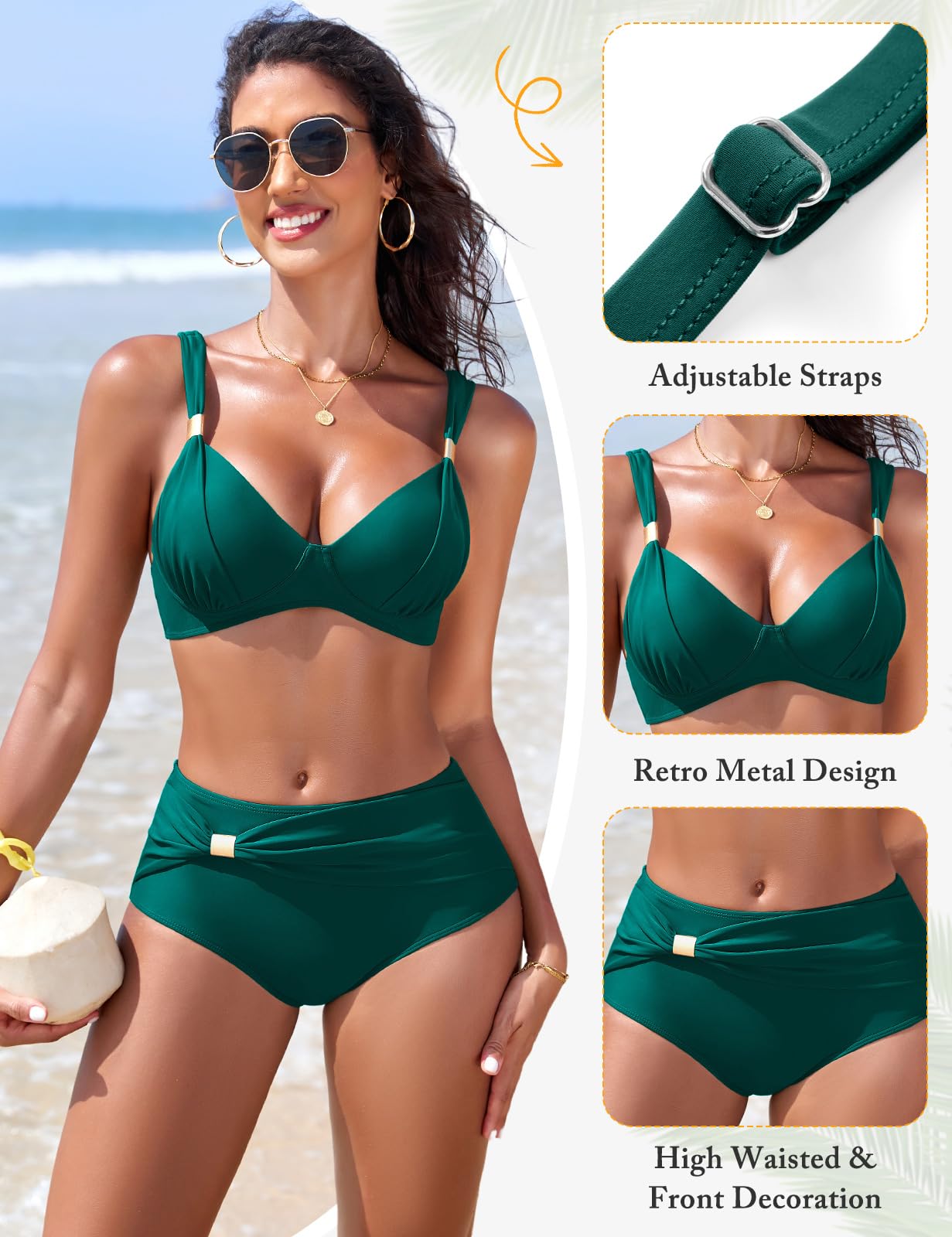 Maillot de Bain Femme 2 Pièces Bikini Taille Haute Push Up avec Soutien Ventre Décolleté Réglable et Détails Métalliques Grande Taille et Sexy pour Plage Piscine