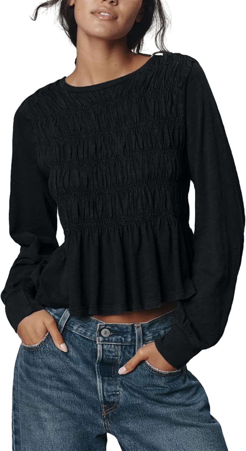 OPCAKM Womens Smocked Shirred Peplum Blouse Long Sleeve Crew Neck Ruffle Babydoll Tunic Chic Slimming Pullover Top