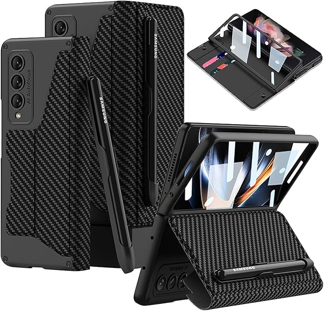 FODDOM for Galaxy Z Fold 4 Leather Case with S Pen Slot, Built-in Screen Protector Military Armor Cases, Full Body Anti-Scratch Hard Slim Cover for Samsung Galaxy Z Fold 4 5G (Carbon Fiber Black)
