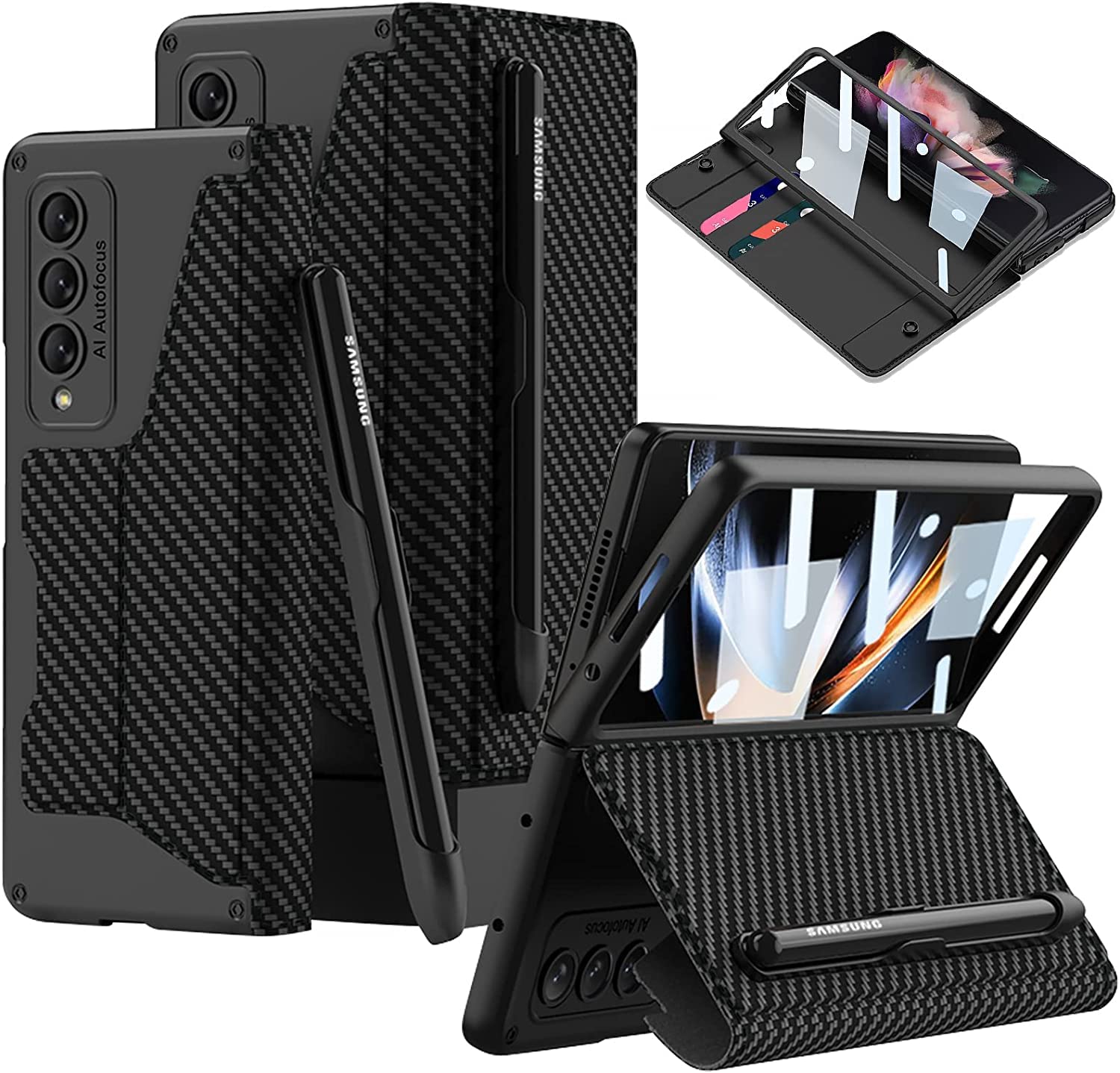 DEMCERT for Samsung Galaxy Z Fold 3 5G with S Pen Slot,Military Armor Cases Full Body Protective Anti-Scratch Hard Slim Leather Bracket Case with Screen Protector for Galaxy Z Fold 3 5G (Carbon fibre)