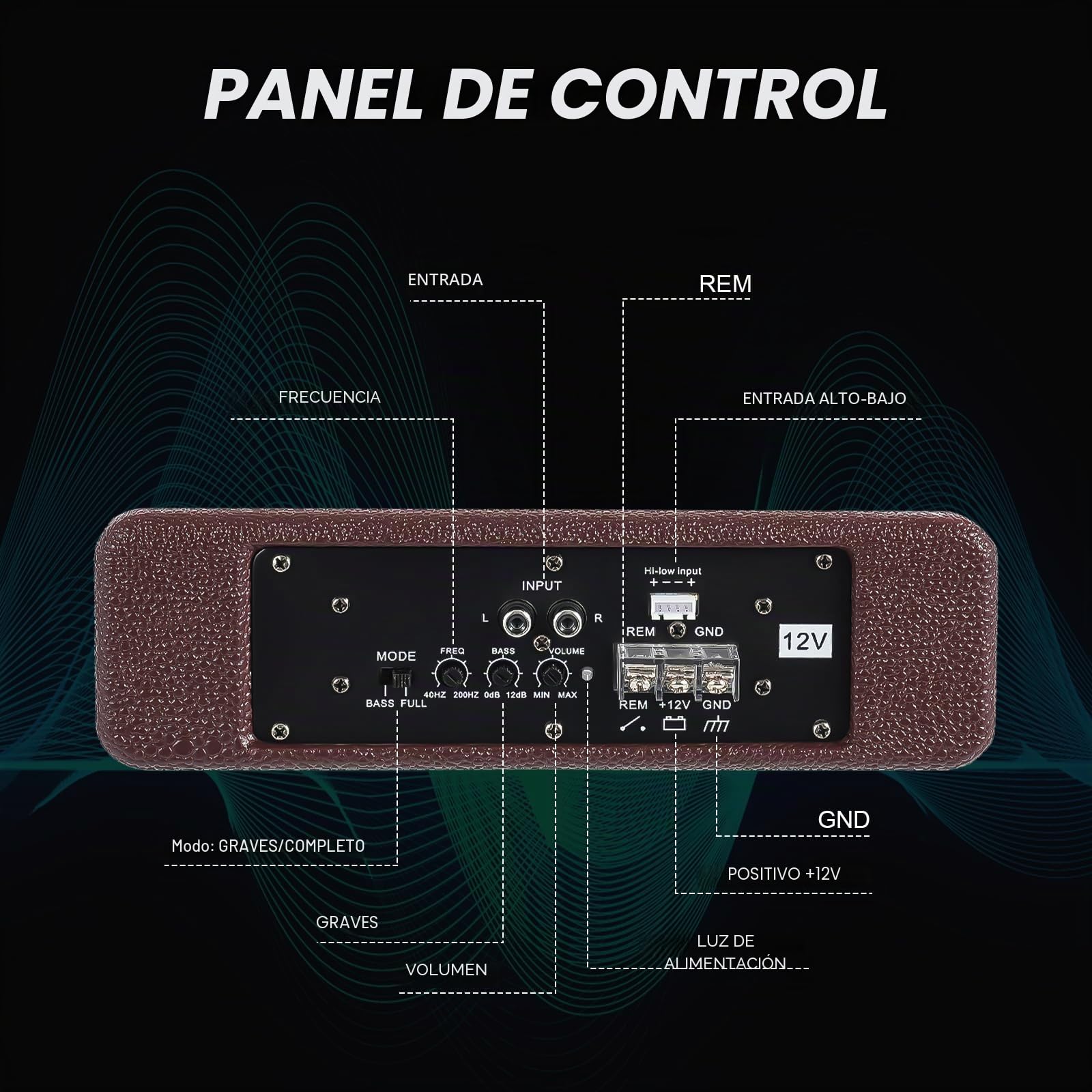 Subwoofer de 600 W para coche, altavoz de madera y acero inoxidable, frecuencia de 40 hz-200 Hz, 90 dB SNR para sistema de audio de radio de coche
