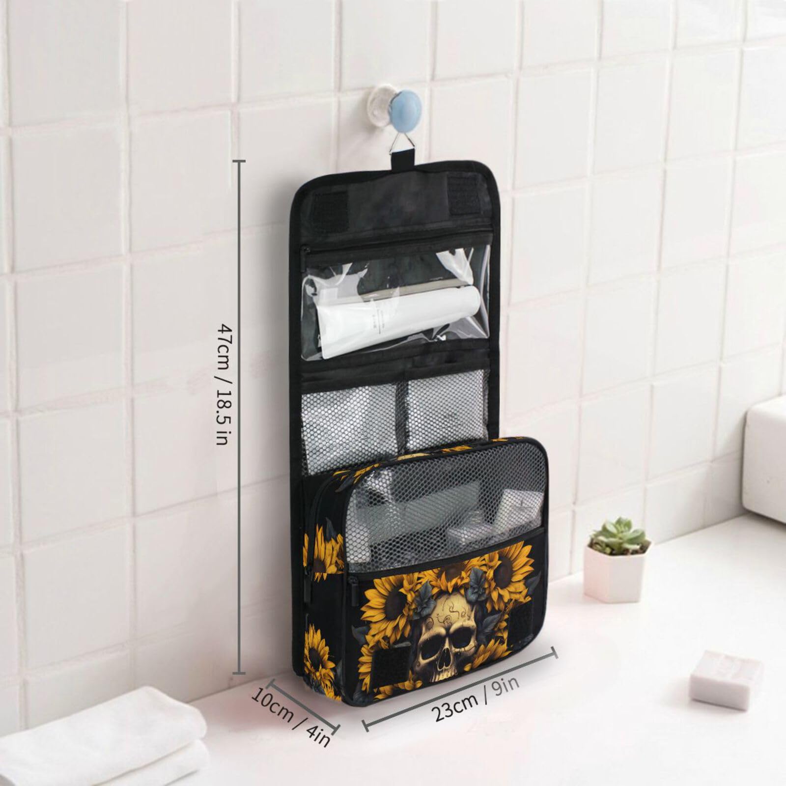 MNSRUU Neceser colgante de calavera y girasol, bolsa de maquillaje de viaje para artículos de tocador, organizador de artículos de aseo portátil, bolsas de cosméticos con gancho para colgar, Calavera
