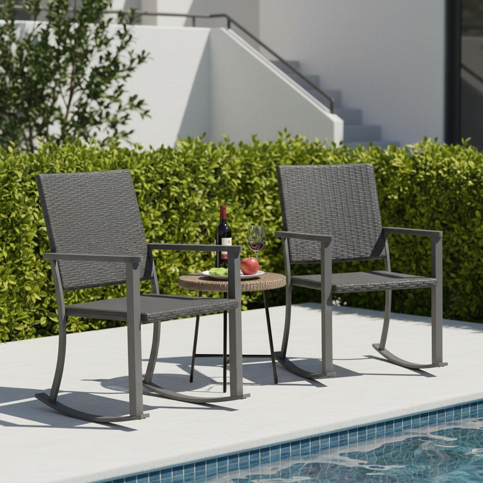 YODOLLA Schaukelstuhl, Außen Rattan Feuerschale Terrassestühle mit Armlehnen & Metallrahmen, Allwetter Gartenmöbel-Set für Hinterhof Terrasse Garten, Schwarz (1 STK.)