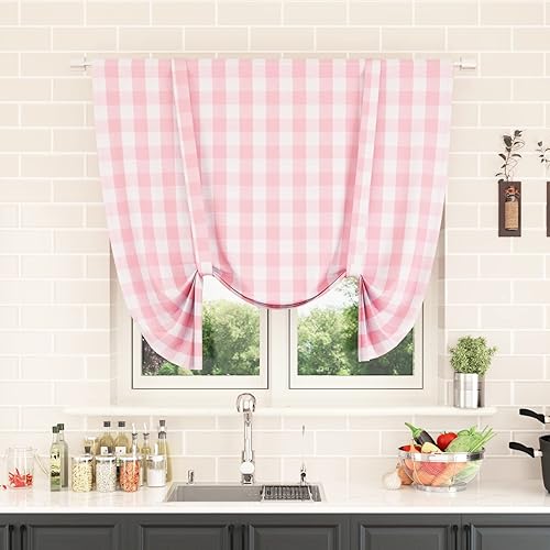 Miniatura 20 de Cortina ajustable con cenefa para ventana de cocina Buffalo Check, a cuadros, gingham, estilo granja, con bolsillo para barra, para baño, 42 x 45