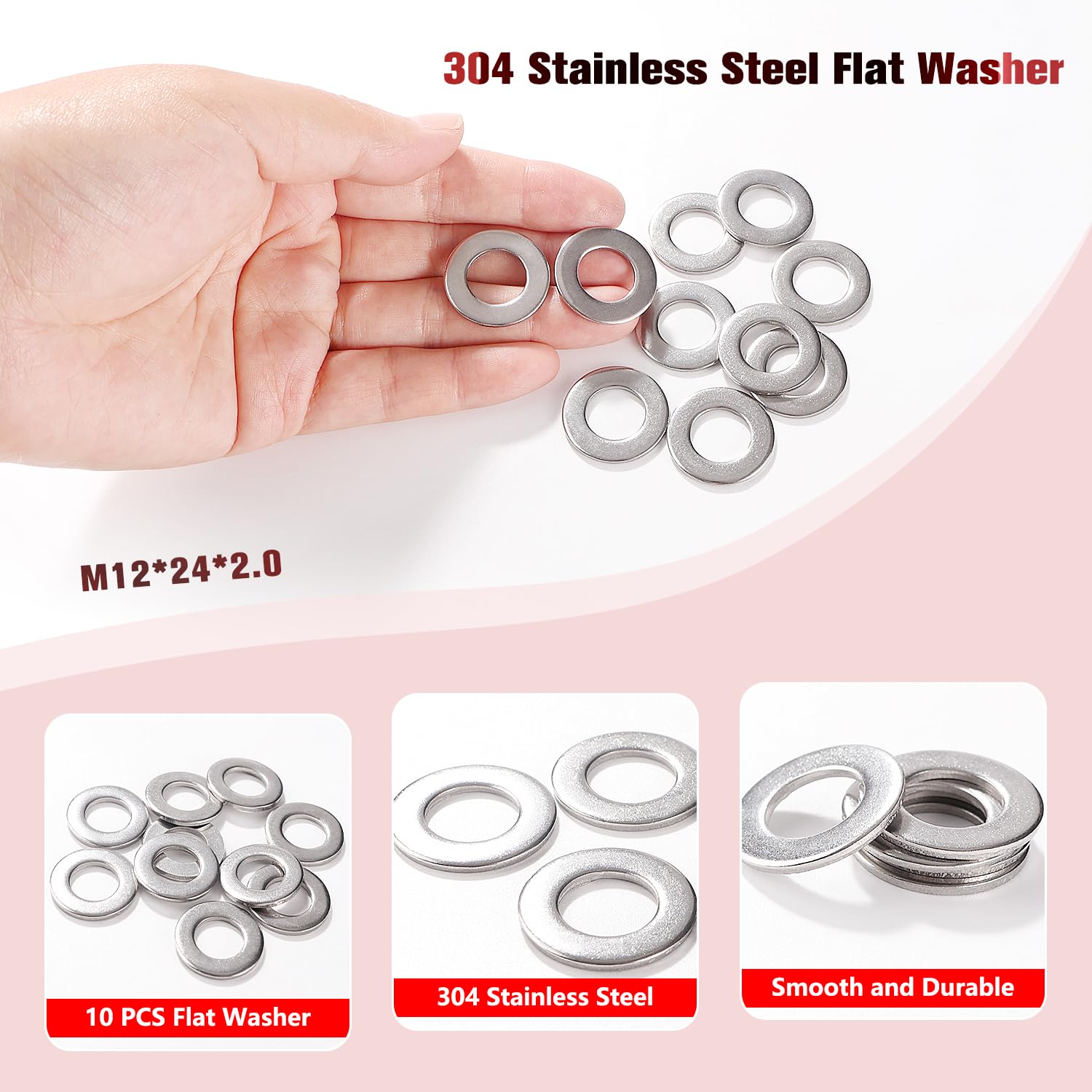 YIXISI 10 PCS M12x24x2 mm Flat Repair Washer, 304 Stainless Steel Flat Washer, Penny Washers for Screws & Bolts - Image 3