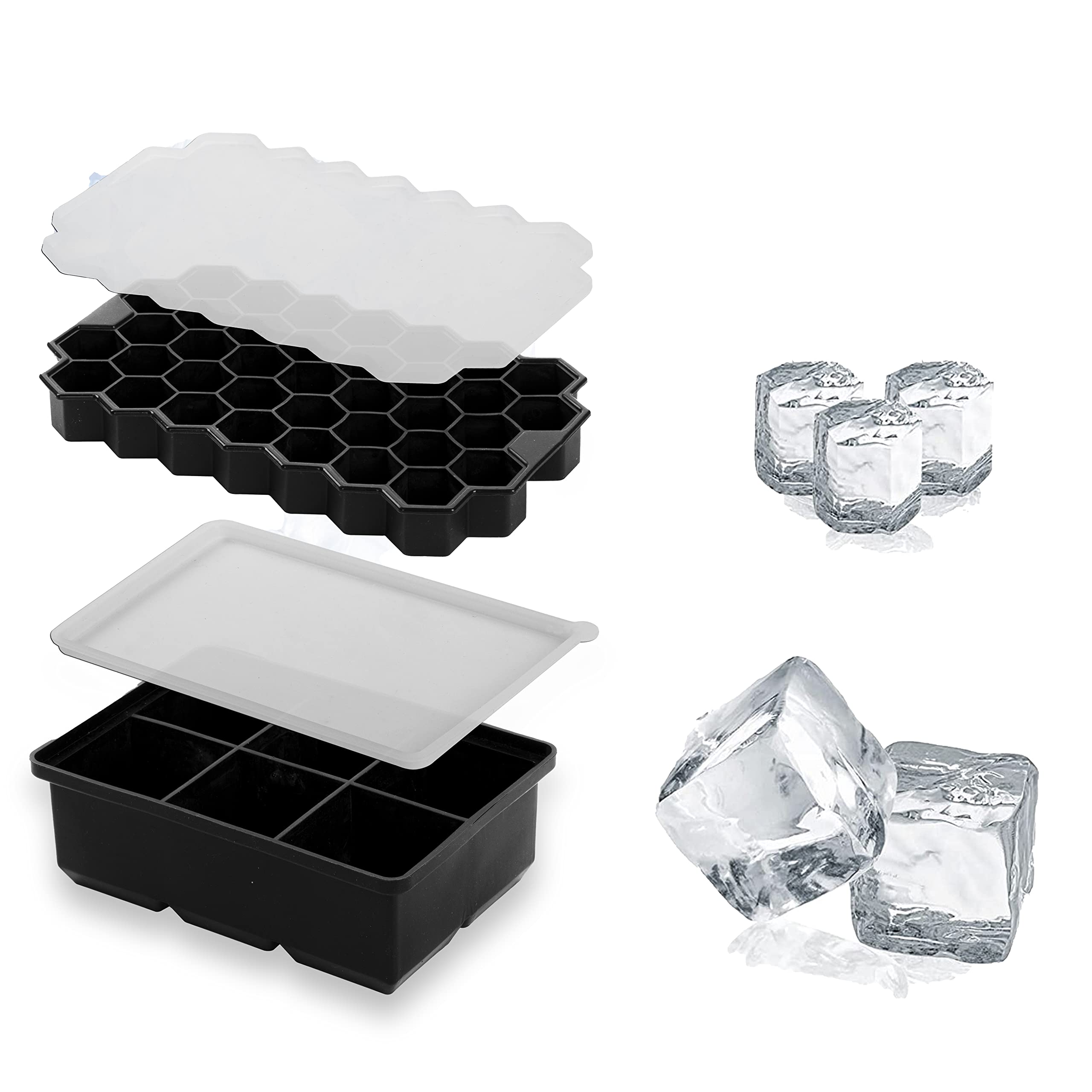 HOMLITE ® Silicone Ice Cube Trays with Lids Pack of 2 – Easy Release, Odourless, Food-Grade, Stackable with Spill-Resistant Removable lid & Dishwasher safe… (Square & Hexagonal)