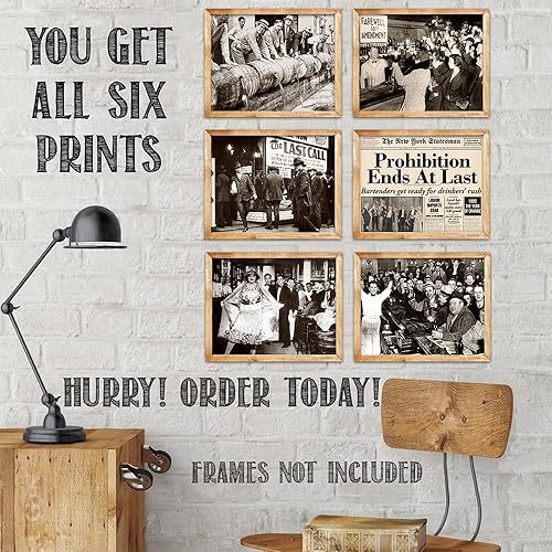 Miniatura 3 de Juego de 6 carteles de pared de la era de la prohibición vintage, de 8 x 10 pulgadas, sin marco, escenas históricas de bar en tono sepia, obras de