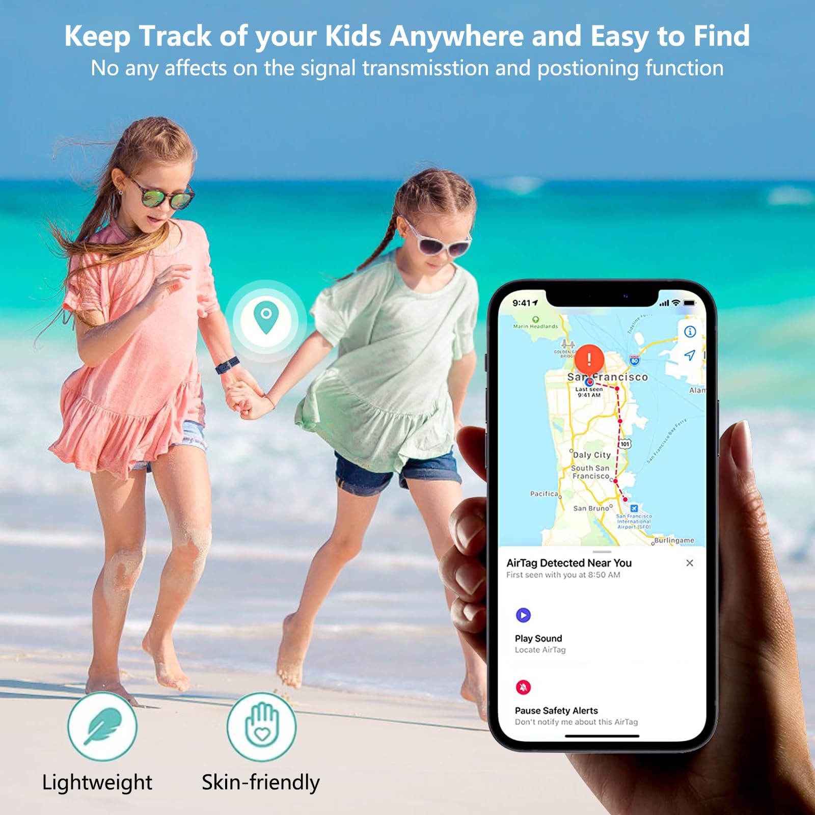 Aircawin for Waterproof Airtag Bracelet Kids,2 Packs Silicone Hidden for Airtag Wristband,Anti-Lost for Airtag Holder Case Toddler,for Airtag Case Cover Watch Band GPS Tracker for Child-Black+Blue — view 4