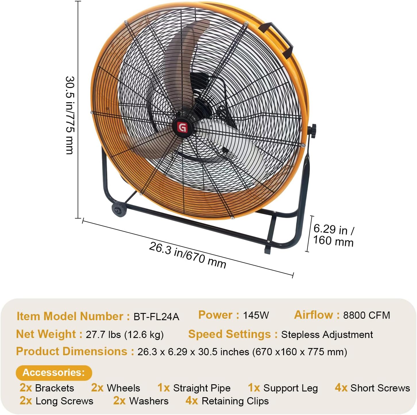 24" Industrial High Velocity Drum Fan, 8800 CFM High Velocity Floor Fan With 3-Speed Control, 360° Tilt Portable Air Circulator for Warehouse, Garage, Basement