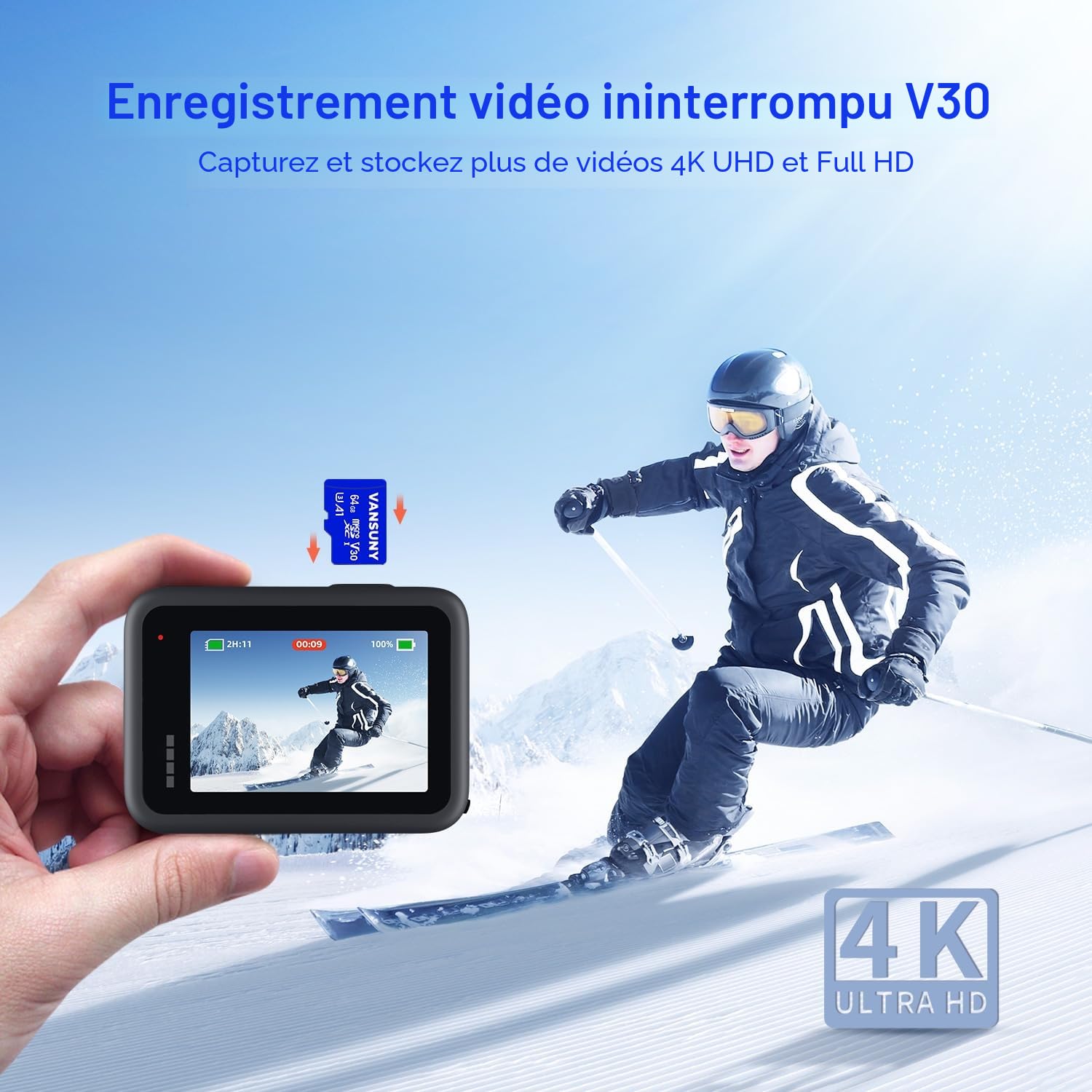 Carte SD 64Go, Lot de 2 Vansuny Carte Micro SD 64Go + Adaptateur SD, 64 Go Micro SD Vitesse de Lecture Allant jusqu'à 90 Mo/s (A1, U3, C10, V30, Lot de 2 Carte SD 64 Go+ 1 Adaptateur)