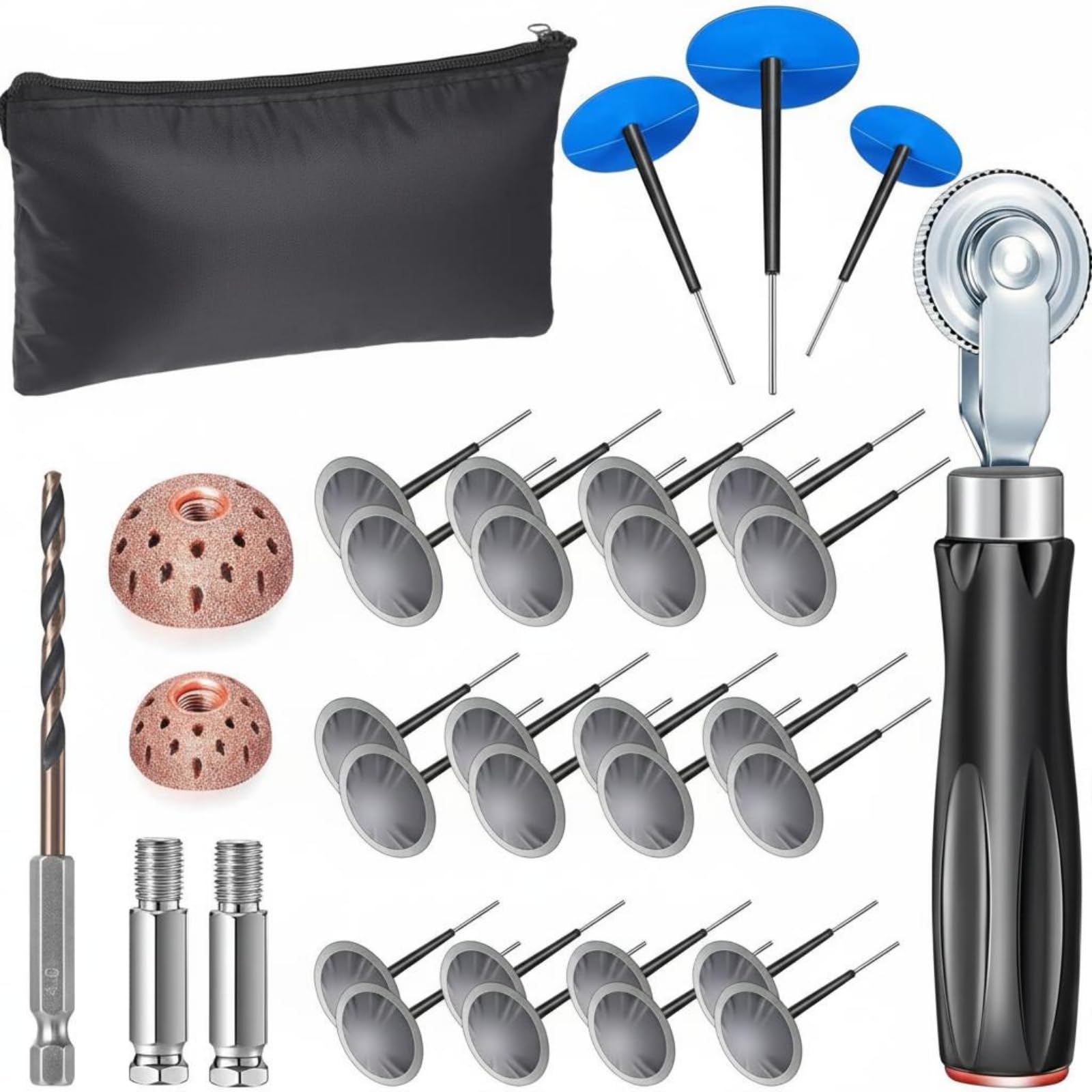 Ensemble Réparation Pneu Tubeless 29 Pièces avec Poignée Noire et 24 Mèches ntelées pour Pneu Véhicule Utilisation en Plein Air