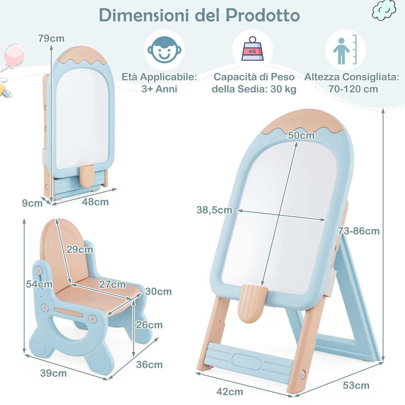 RELAX4LIFE Lavagnetta Cancellabile Bambini Pieghevole con Sedia, Altezza Regolabile, Cavalletto con Lavagna Bianca, Scatola Portaoggetti, Gomma e Pennarelli, Set da Disegno per Bambini 1+ Anni (Blu)