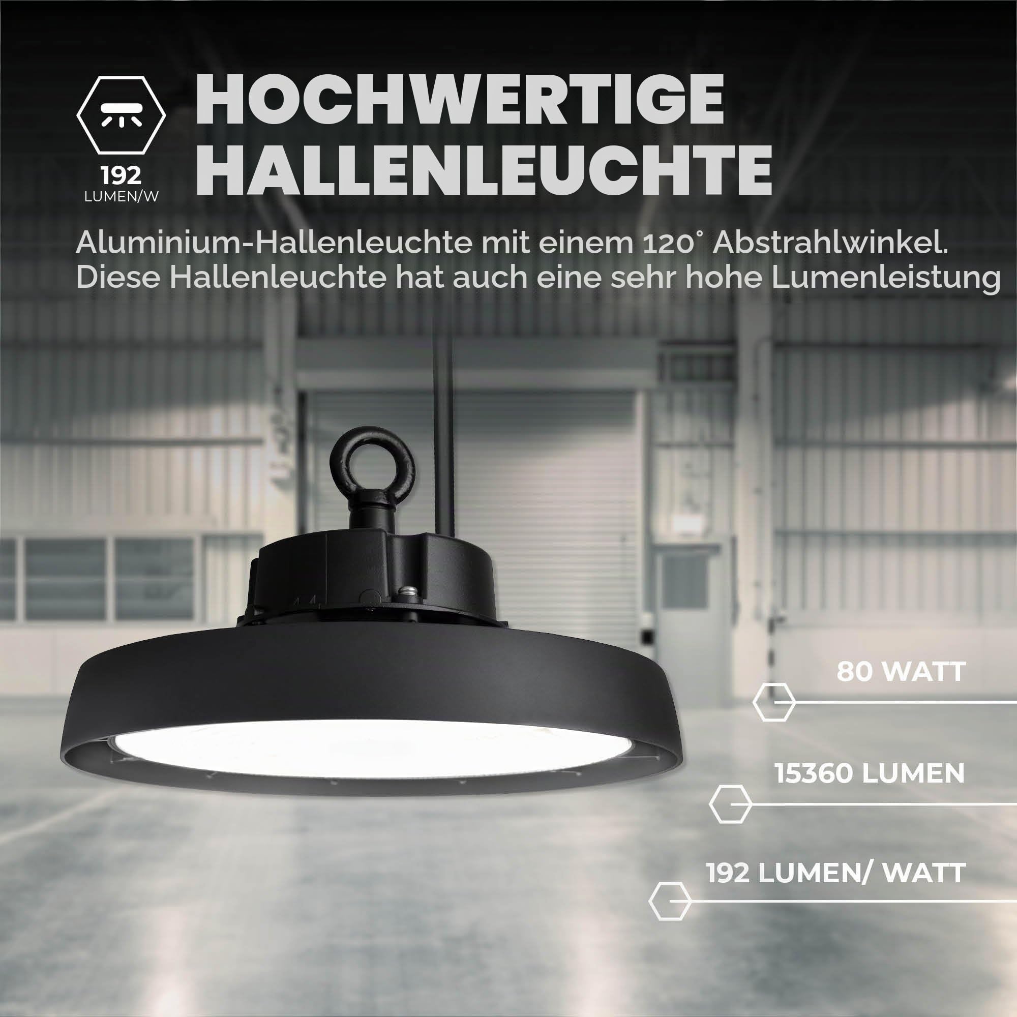 Ledvion Energieeffiziente LED-Hallenstrahler 80W, Energieklasse A, 192lm/W, 15.360 Lumen, 4000K, IP65, Dimmbar, 5 Jahre Garantie, Professionelle UFO Lampe, IP65-Zertifizierung | 192 lm/W (Klasse A), Sosen-Treiber, dimmbar, IP65