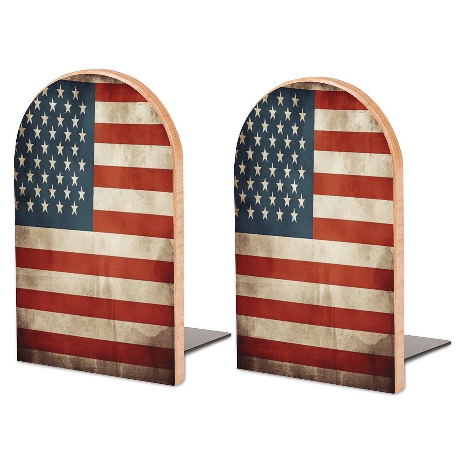 Vintage American USA Flag Wood Bookend for Shelves 1 Pair