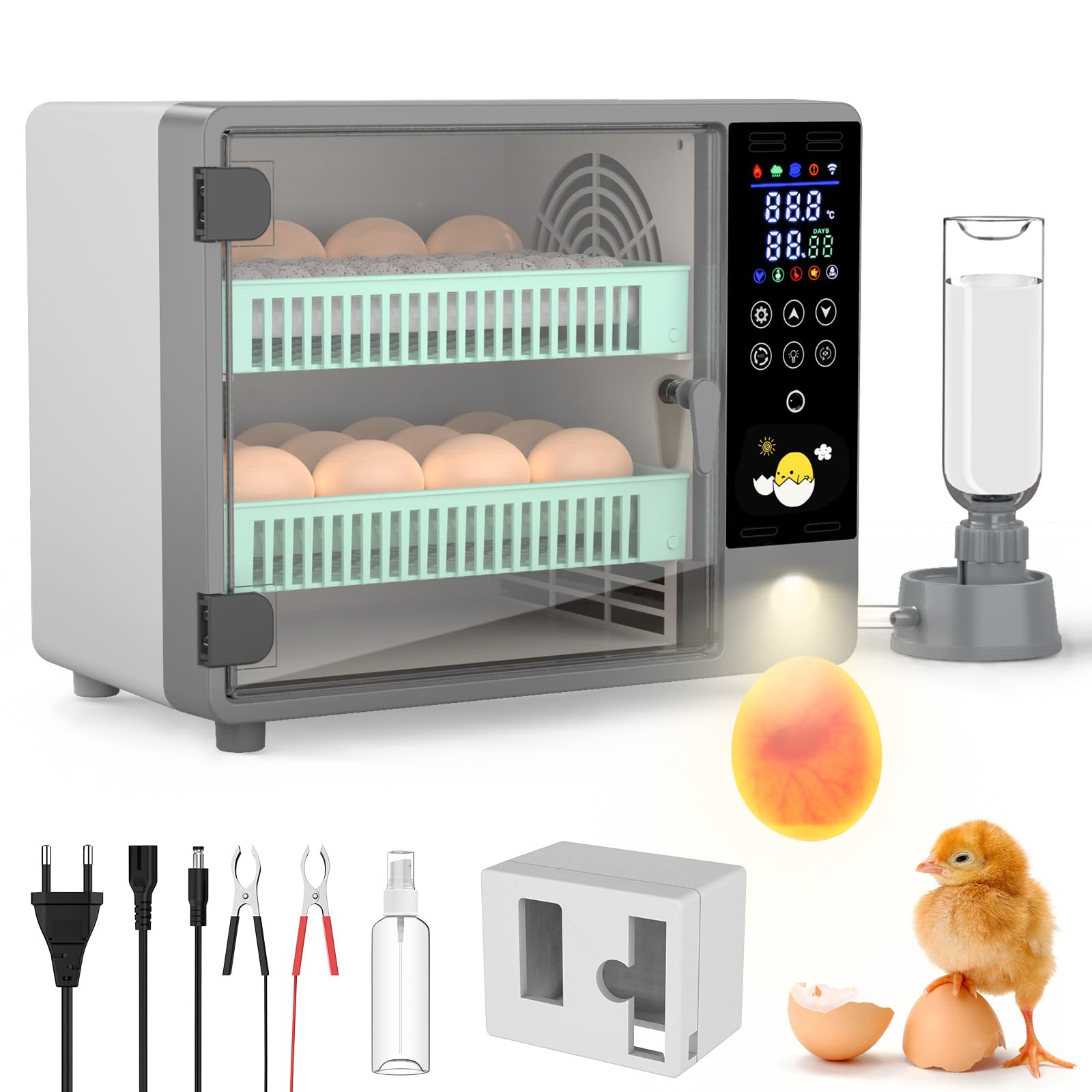 Incubadora Huevos Gallina, Incubadora 24 Huevos Automática con Doble Alimentación 12V/220V, Volteo Automático, Humidificación Ultrasónica, Pantalla LED y Mirahuevos, para Gallina, Pato y Codorniz