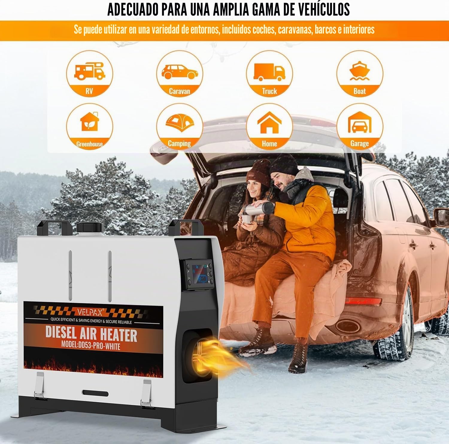 VELPAX Calentador Diésel Portátil Todo en Uno 12 V 24V 220V 8KW,Calentador de Aire Diesel 0,16-0,52 L/h LCD de control remoto,adecuado para automóviles, camiones, barcos