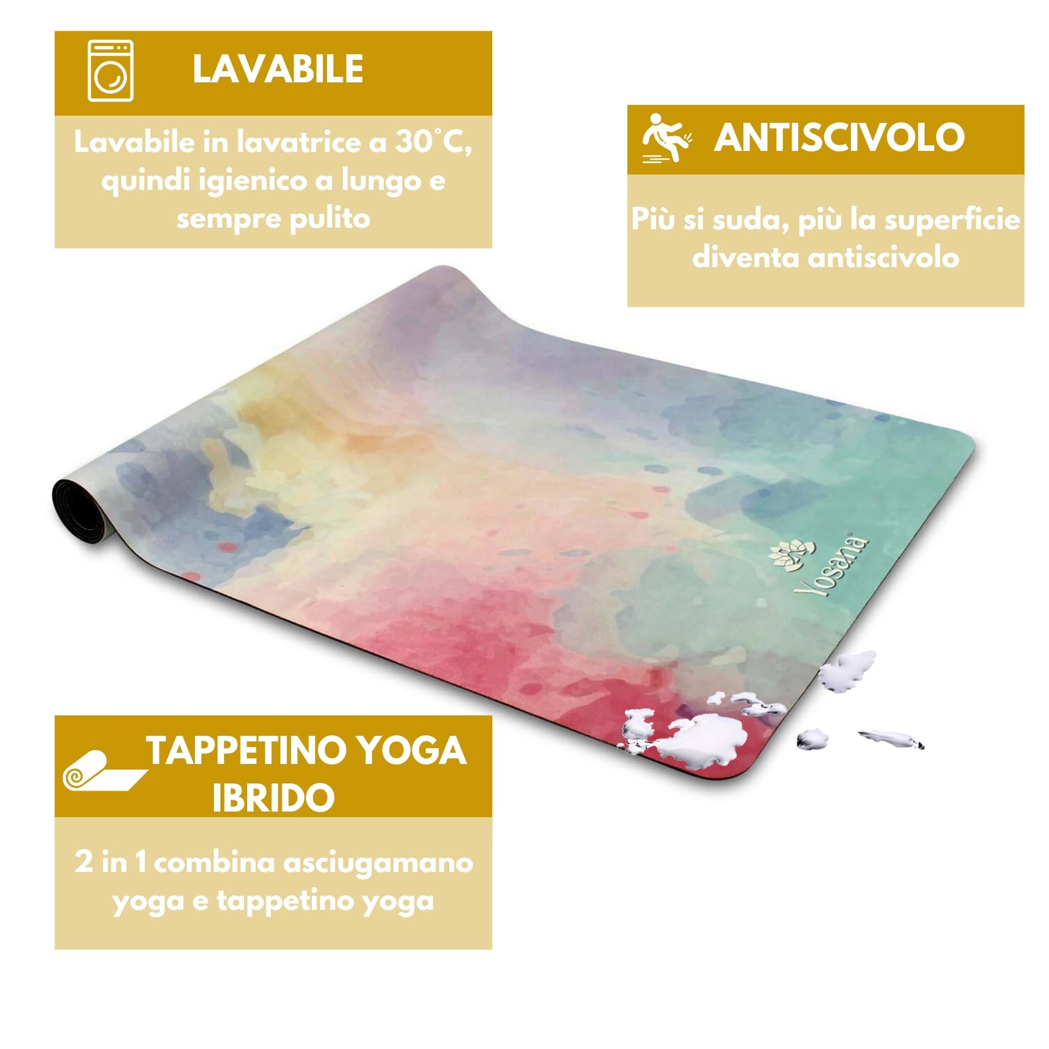 Tappetino yoga in gomma naturale | superficie in microfibra morbida e antiscivolo | asciugatura rapida | lavabile in lavatrice a 30 °C | 183 x 68 x 0,3 cm