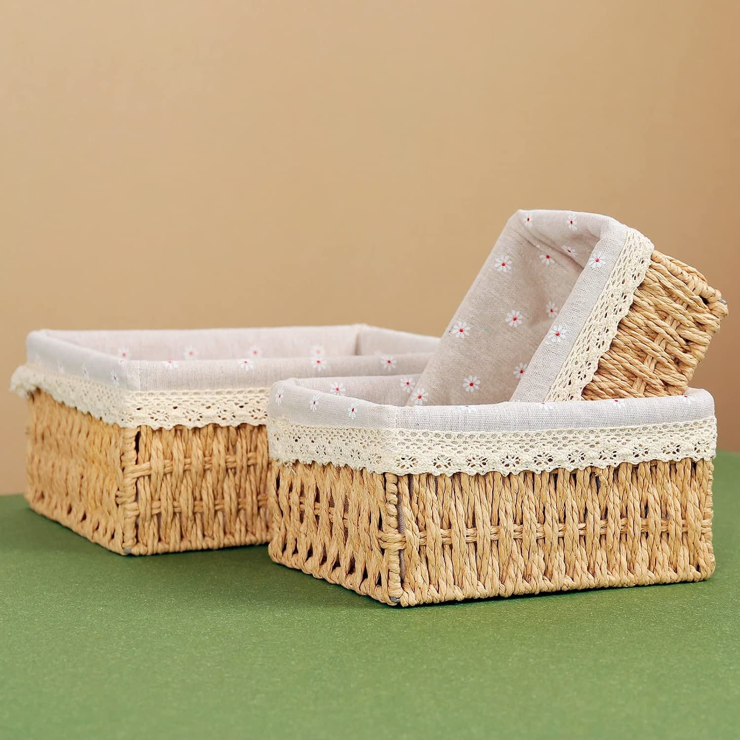 Lot 3 Paniers Rangement Osier Rectangulaires Avec Tissu Jaune Marguerites - Décoration Maison