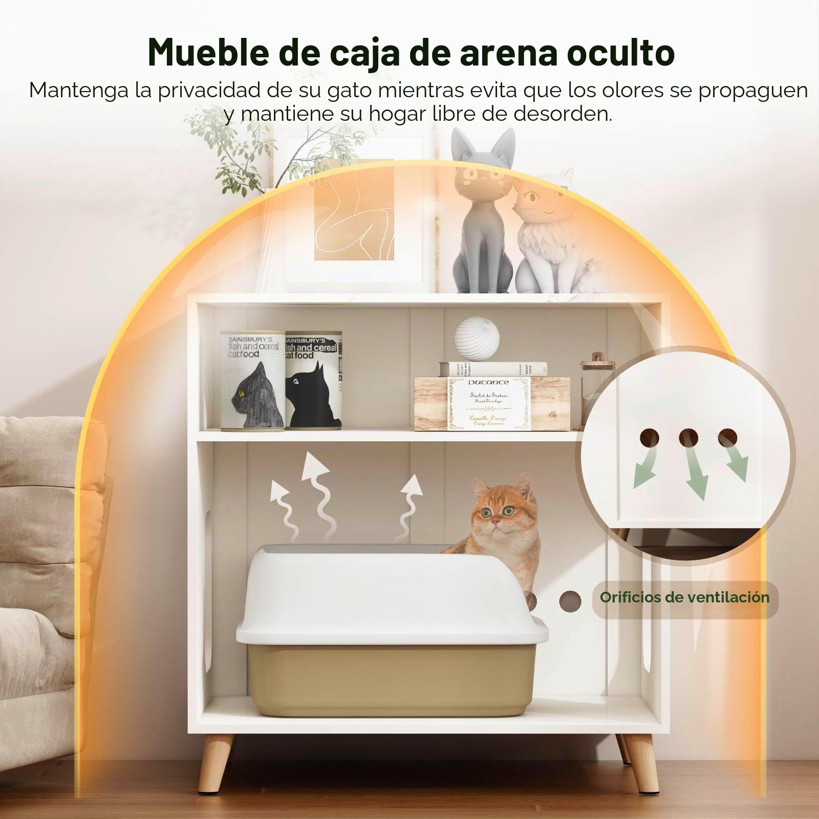 Mueble para Arenero de Gato, Mueble de Baño para Gatos con Puerta Doble y Agujeros de Ventilación, Casa para Gatos con Patrón Espina de Pescado, Armario para Esconder la Arena, Blanco