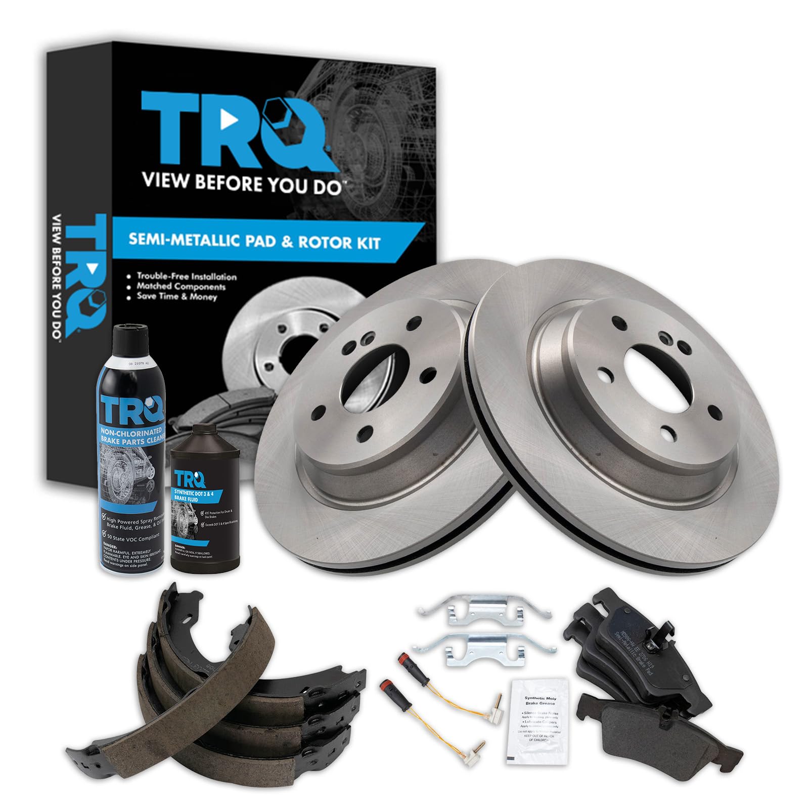 TRQ Rear Brake Pad &amp; Rotor Kit, with Chemical Kit Parking Brake Shoe Set Semi-Metallic Compatible with 2003 Mercedes-Benz CL500 2003-2006 S430 S500