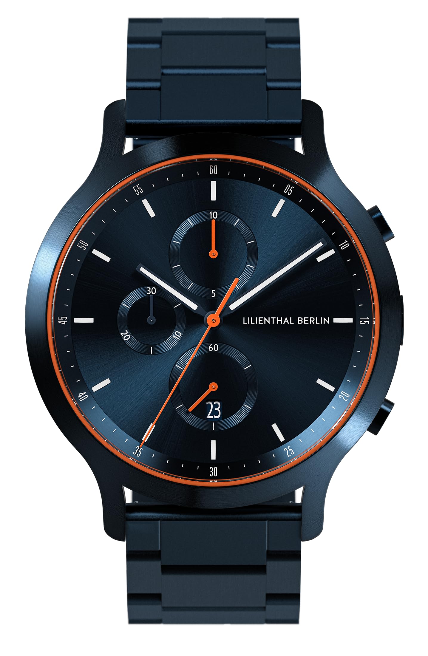 Lilienthal Berlin Chronograph Blue Orange IV in dunkelblau – Herrenuhr aus Chirurgenstahl mit einem Quarzuhrwerk & saphirgehärtetem Mineralglas – 42,5 mm