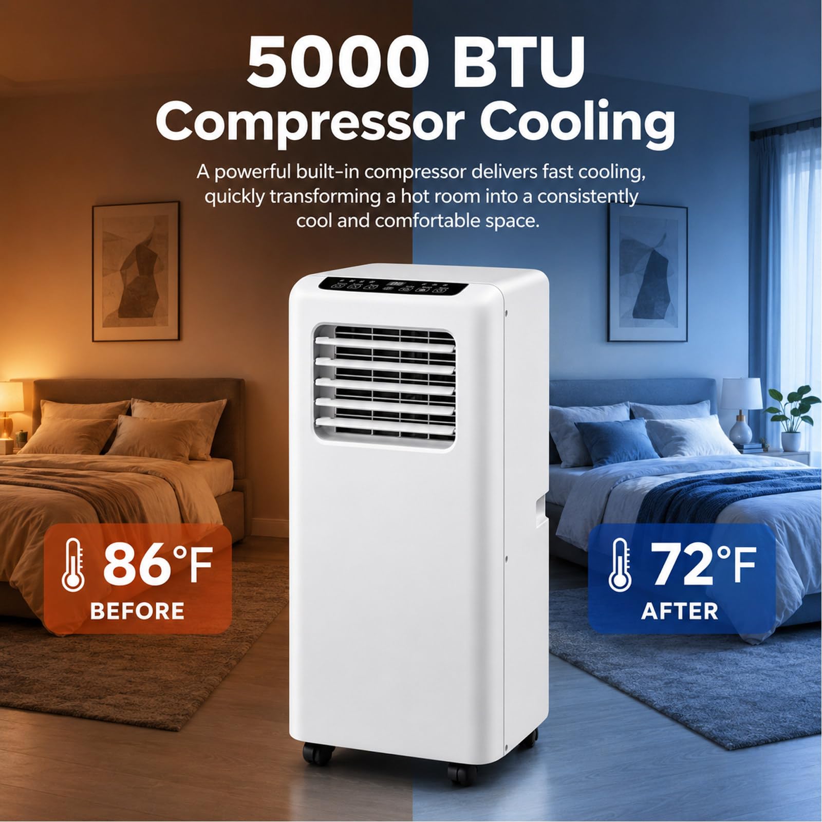 Condizionatore Portatile 5000 BTU unità Raffreddamento | Unità Compatta Con Modalità Ventilatore E Deumidificatore Telecomando Kit Finestra Timer 24H Camera Ufficio Casa