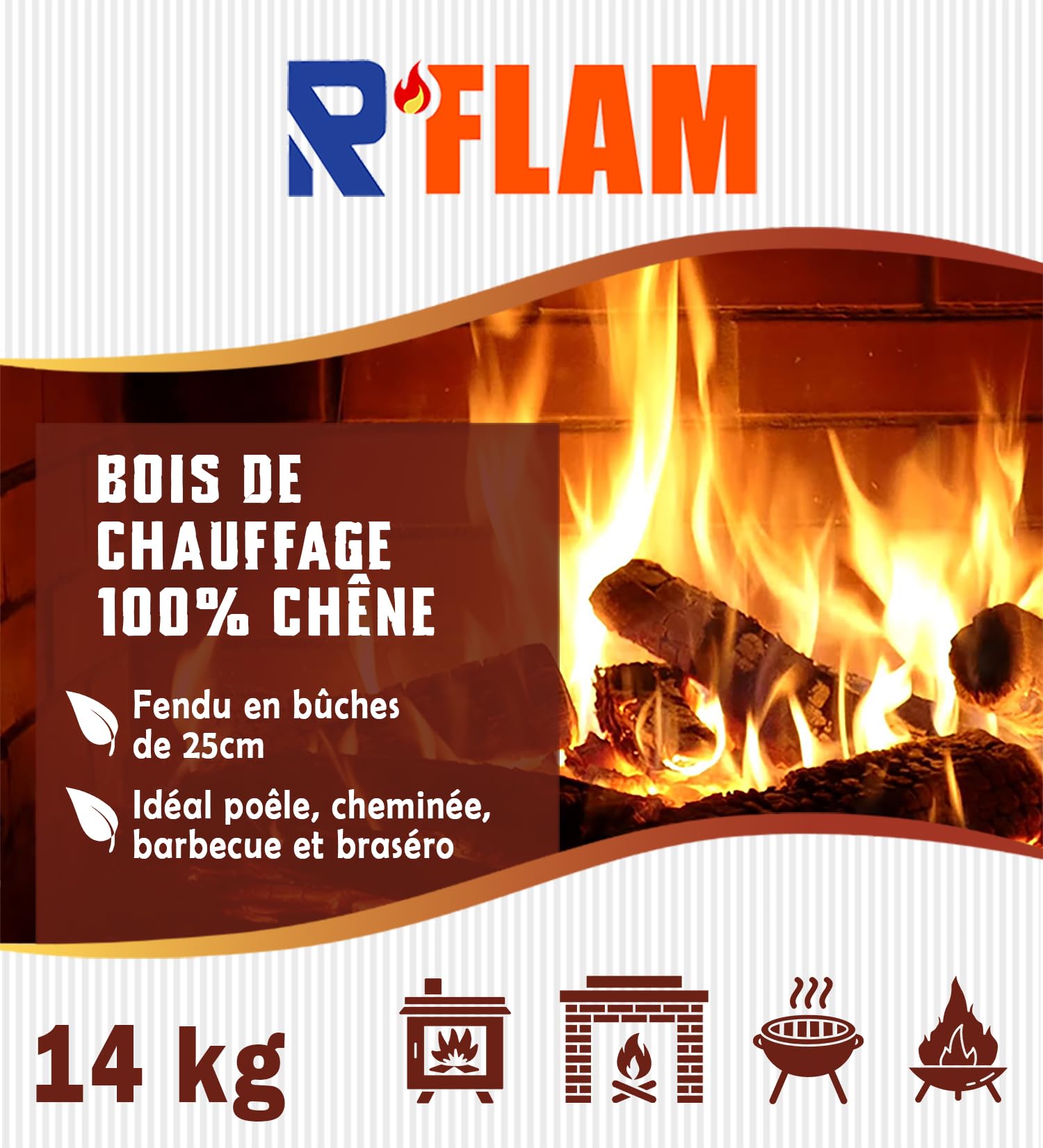 Bois de Chauffage 100% Chêne – Bûches 25 cm – Bois Sec Haute Performance – Idéal poêle, cheminée, Barbecue, braséro – R’FLAM - 14 KG